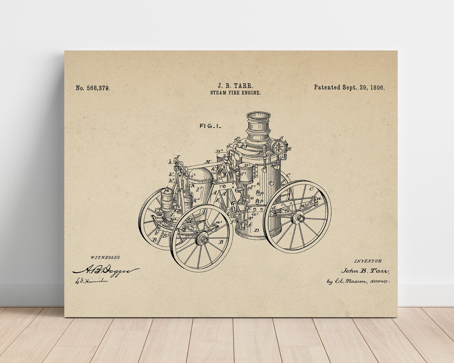 Patent Print - Steam Fire Engine - John B Tarr - 1896 - Patent 568379 - Landscape Patent Wall Art
