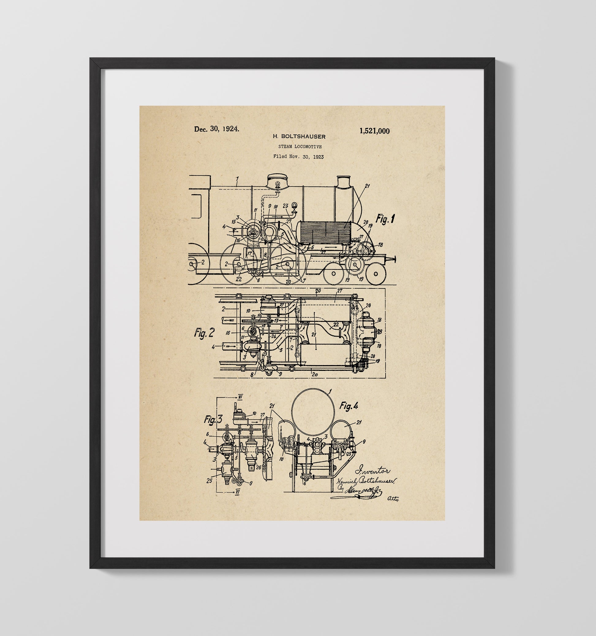 Patent Print - Steam Locomotive - Heinrich Boltshauser - 1924 - Patent 1521000 Patent Wall Art