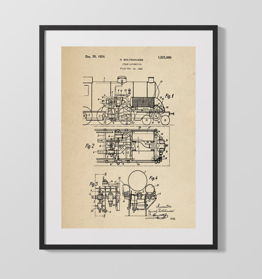 Steam Locomotive - 1924 Patent - 16x20 Gallery Frame