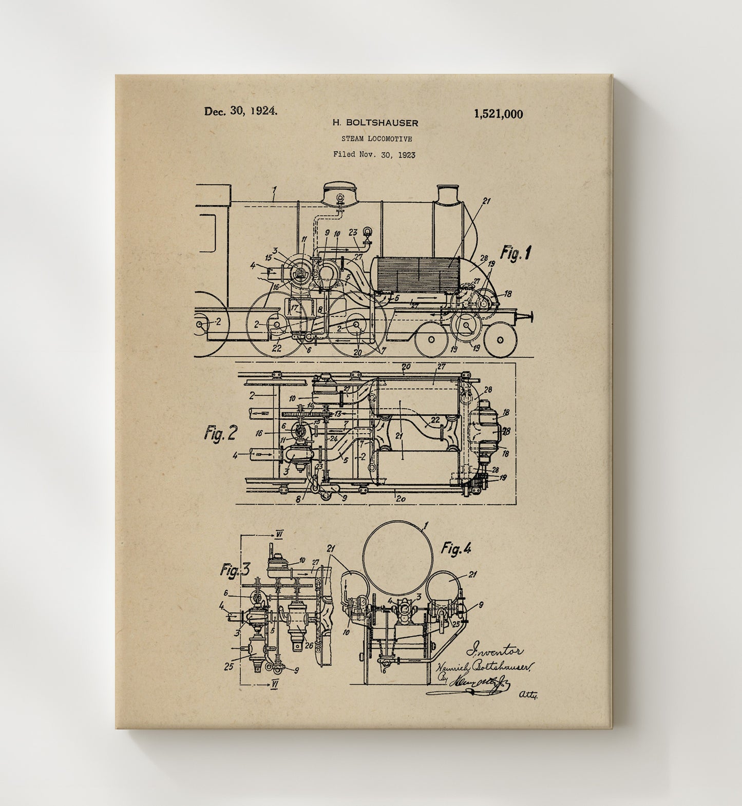 Patent Print - Steam Locomotive - Heinrich Boltshauser - 1924 - Patent 1521000 Patent Wall Art