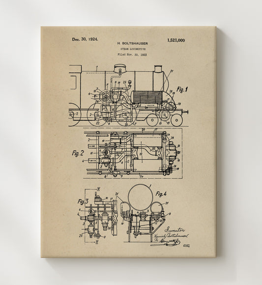 Steam Locomotive 1924 patent print wall art 8x10 Canvas