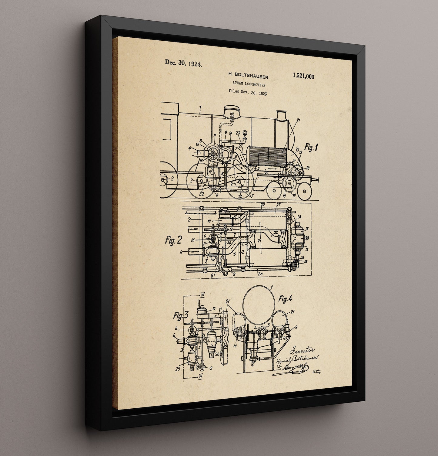Patent Print - Steam Locomotive - Heinrich Boltshauser - 1924 - Patent 1521000 Patent Wall Art