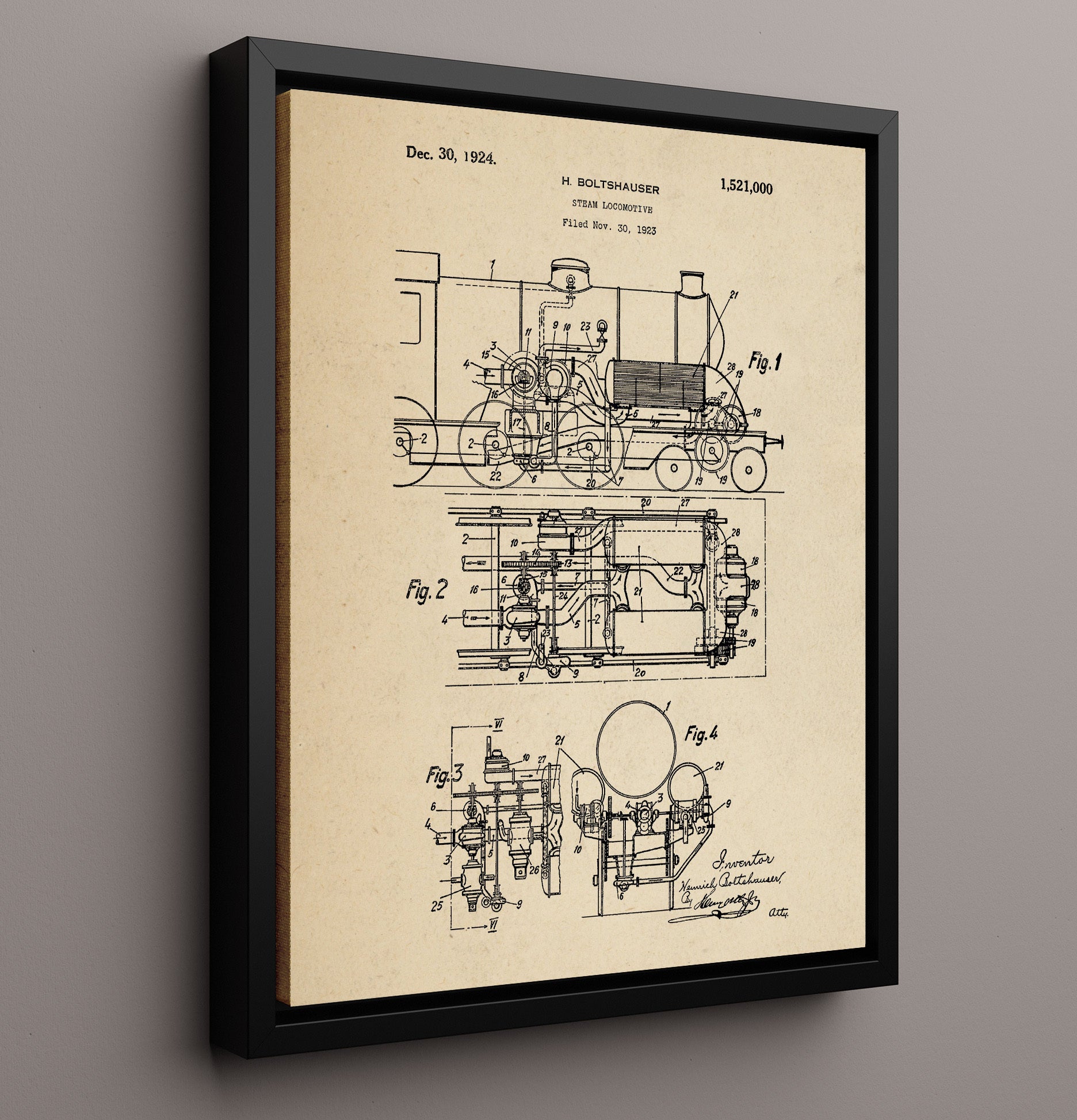 Patent Print - Steam Locomotive - Heinrich Boltshauser - 1924 - Patent 1521000 Patent Wall Art