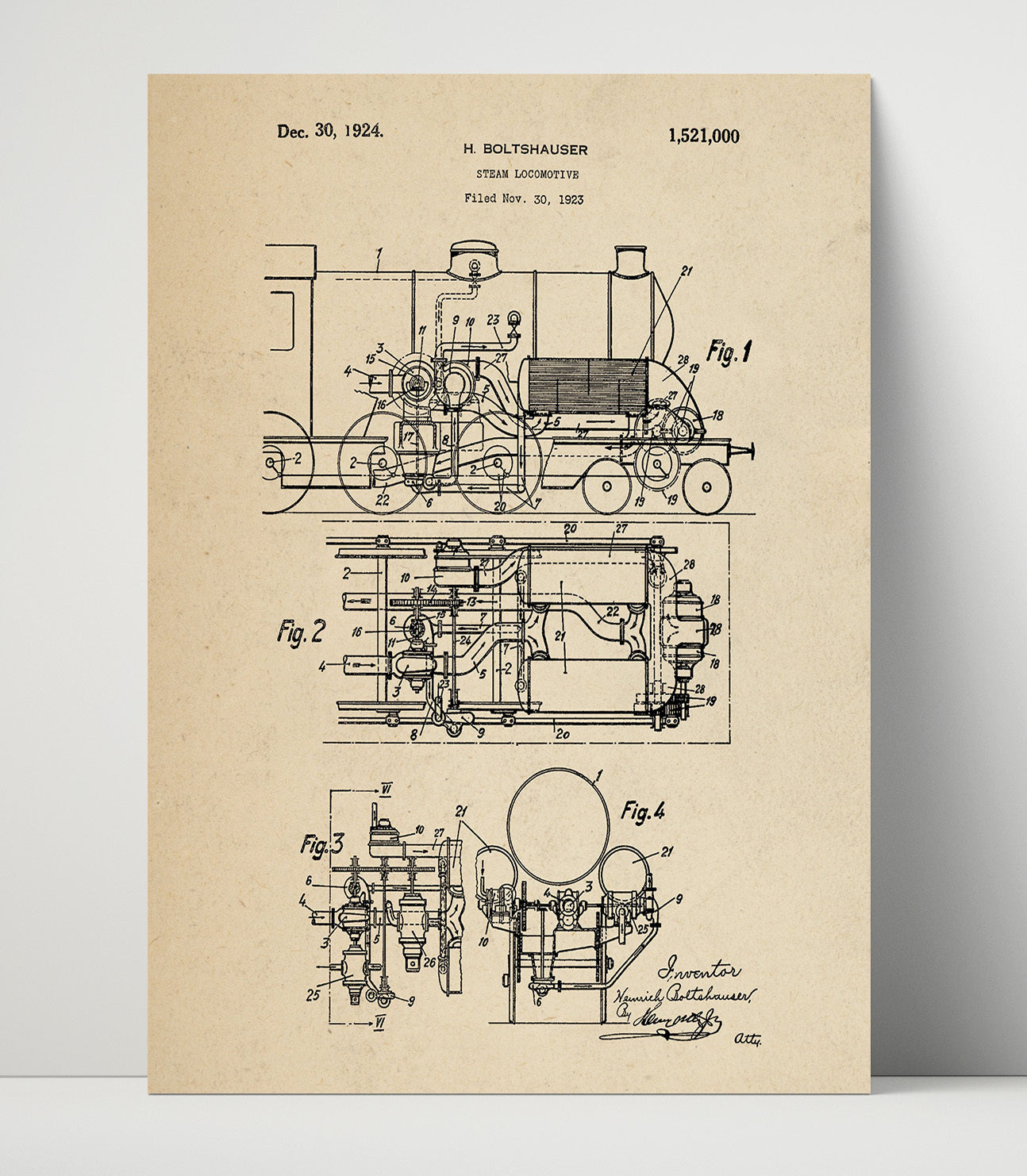 Patent Print - Steam Locomotive - Heinrich Boltshauser - 1924 - Patent 1521000 Patent Wall Art