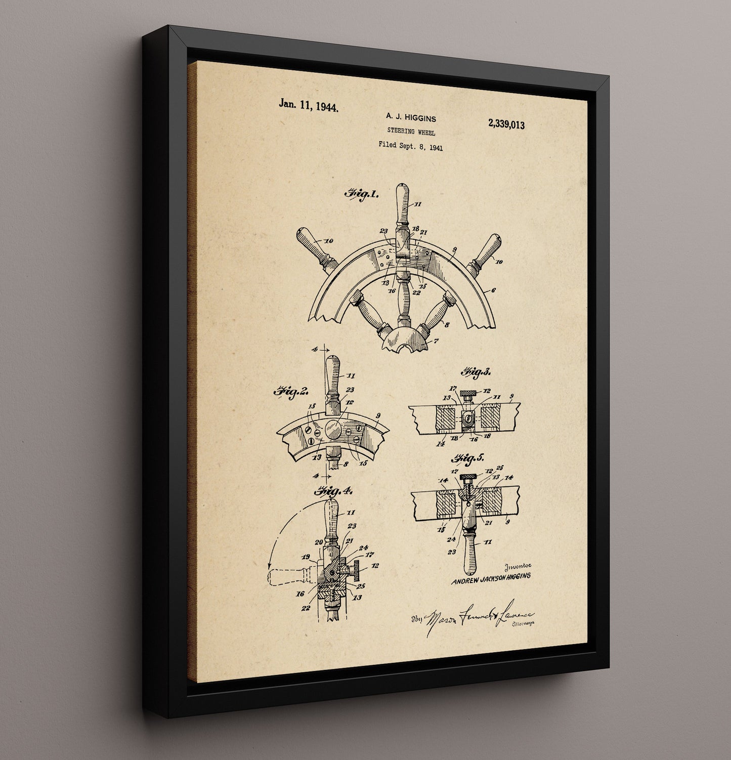 Patent Print - Steering Wheel - Andrew Jackson Higgins - 1944 - Patent 2339013 Patent Wall Art
