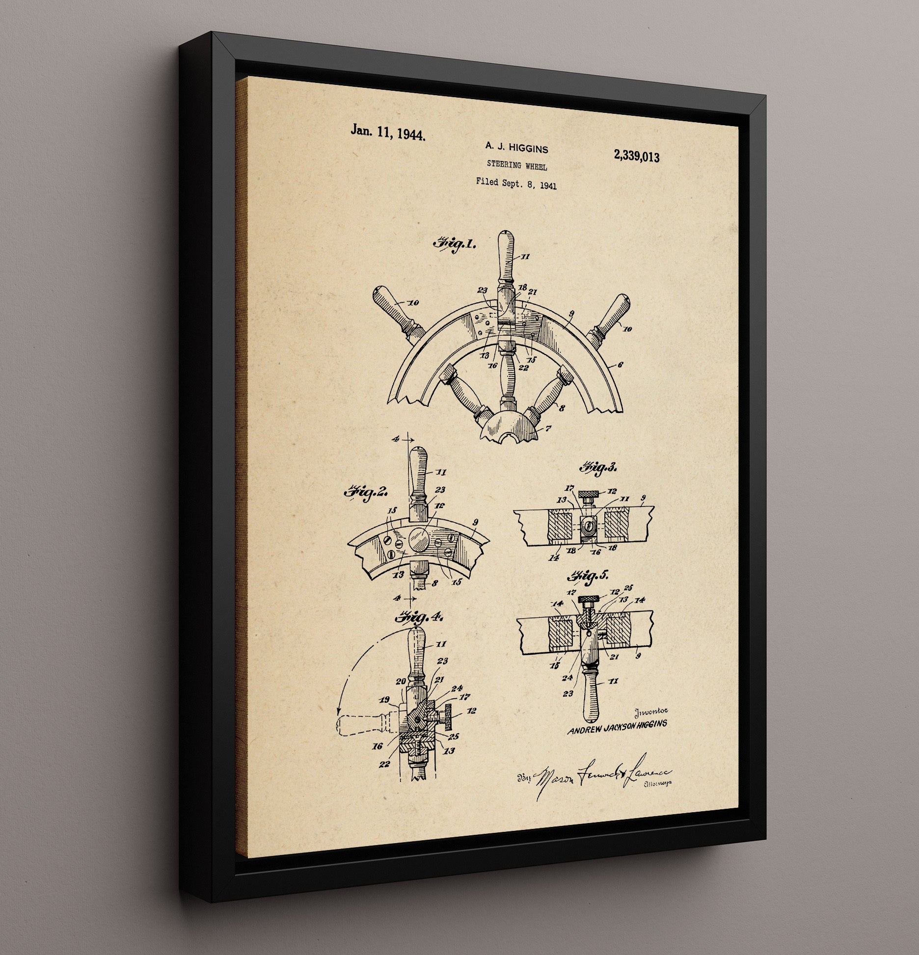 Patent Print - Steering Wheel - Andrew Jackson Higgins - 1944 - Patent 2339013 Patent Wall Art