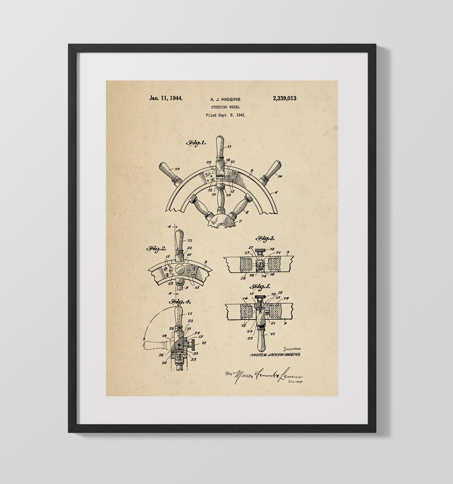 Patent Print - Steering Wheel - Andrew Jackson Higgins - 1944 - Patent 2339013 Patent Wall Art