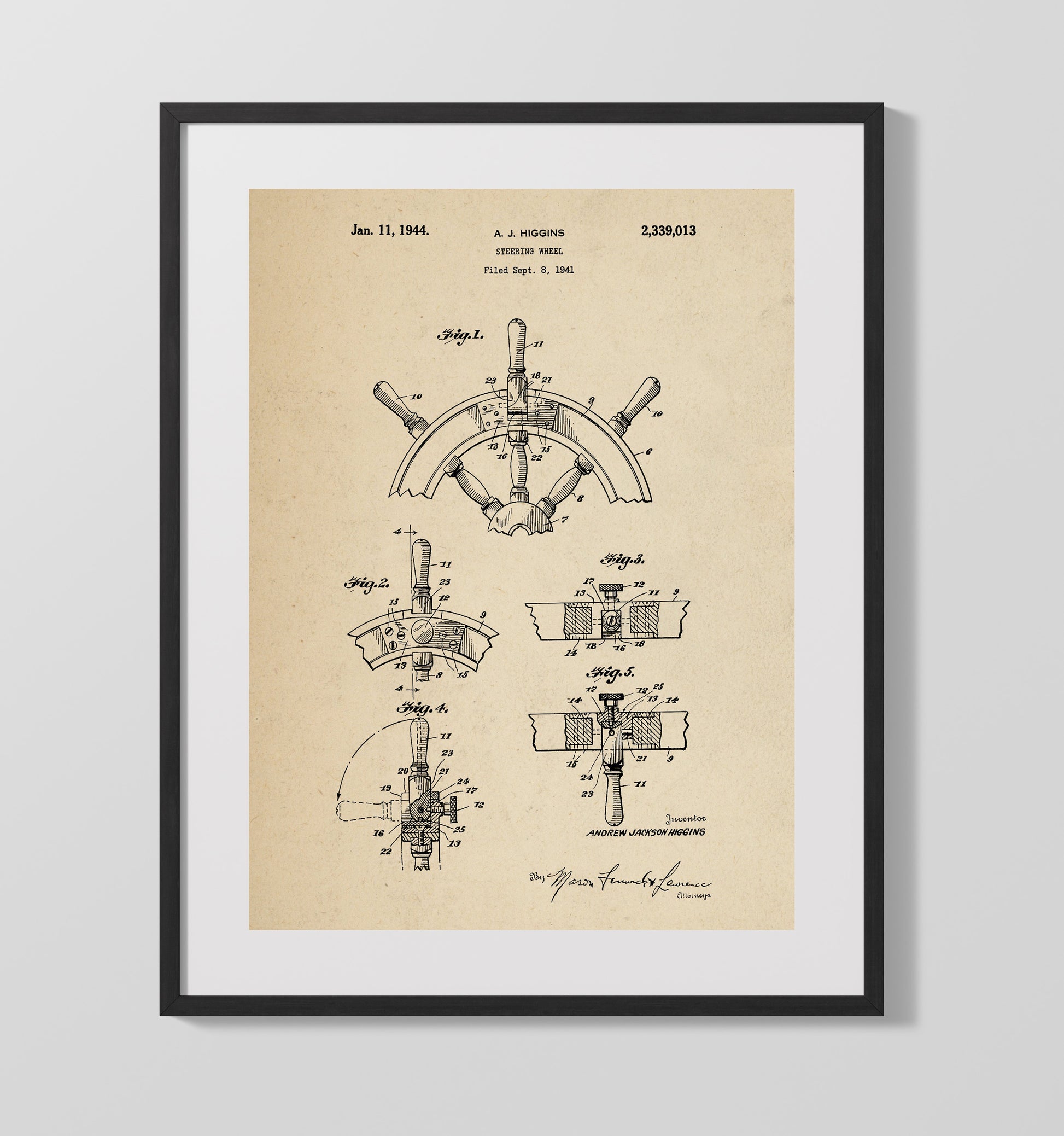 Patent Print - Steering Wheel - Andrew Jackson Higgins - 1944 - Patent 2339013 Patent Wall Art