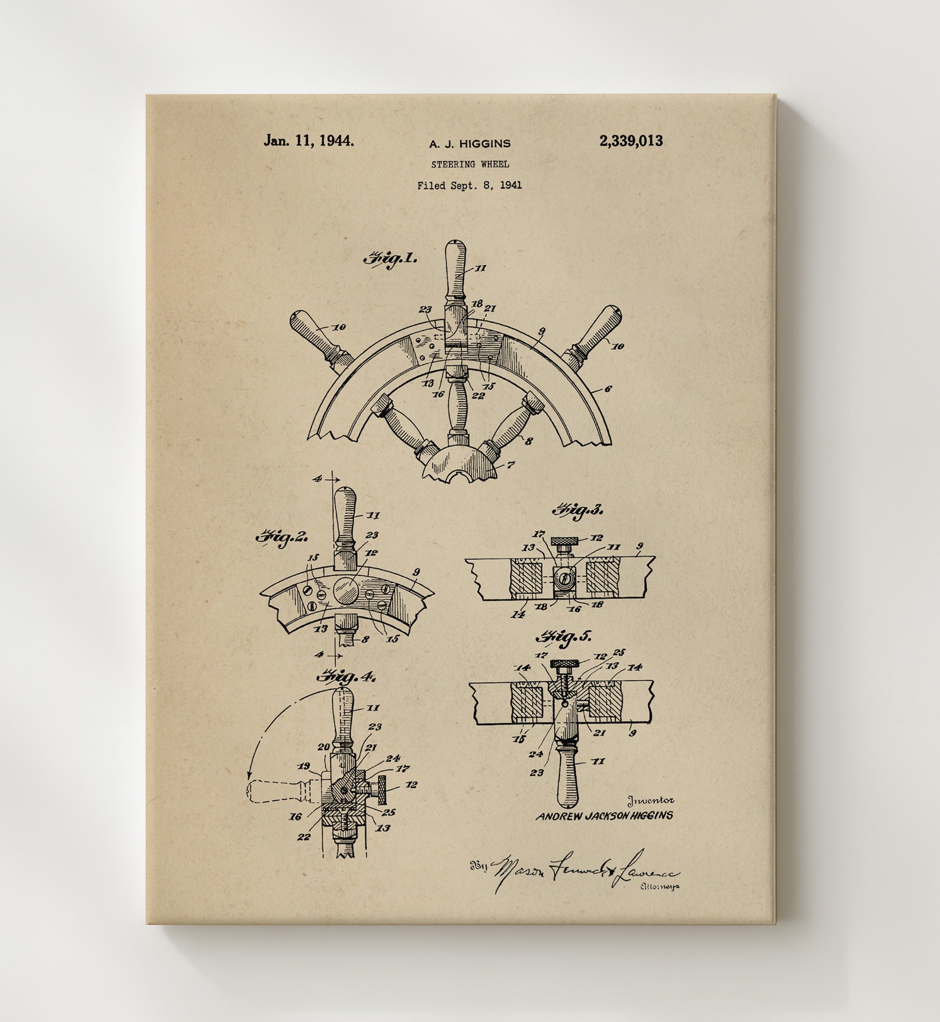 Patent Print - Steering Wheel - Andrew Jackson Higgins - 1944 - Patent 2339013 Patent Wall Art