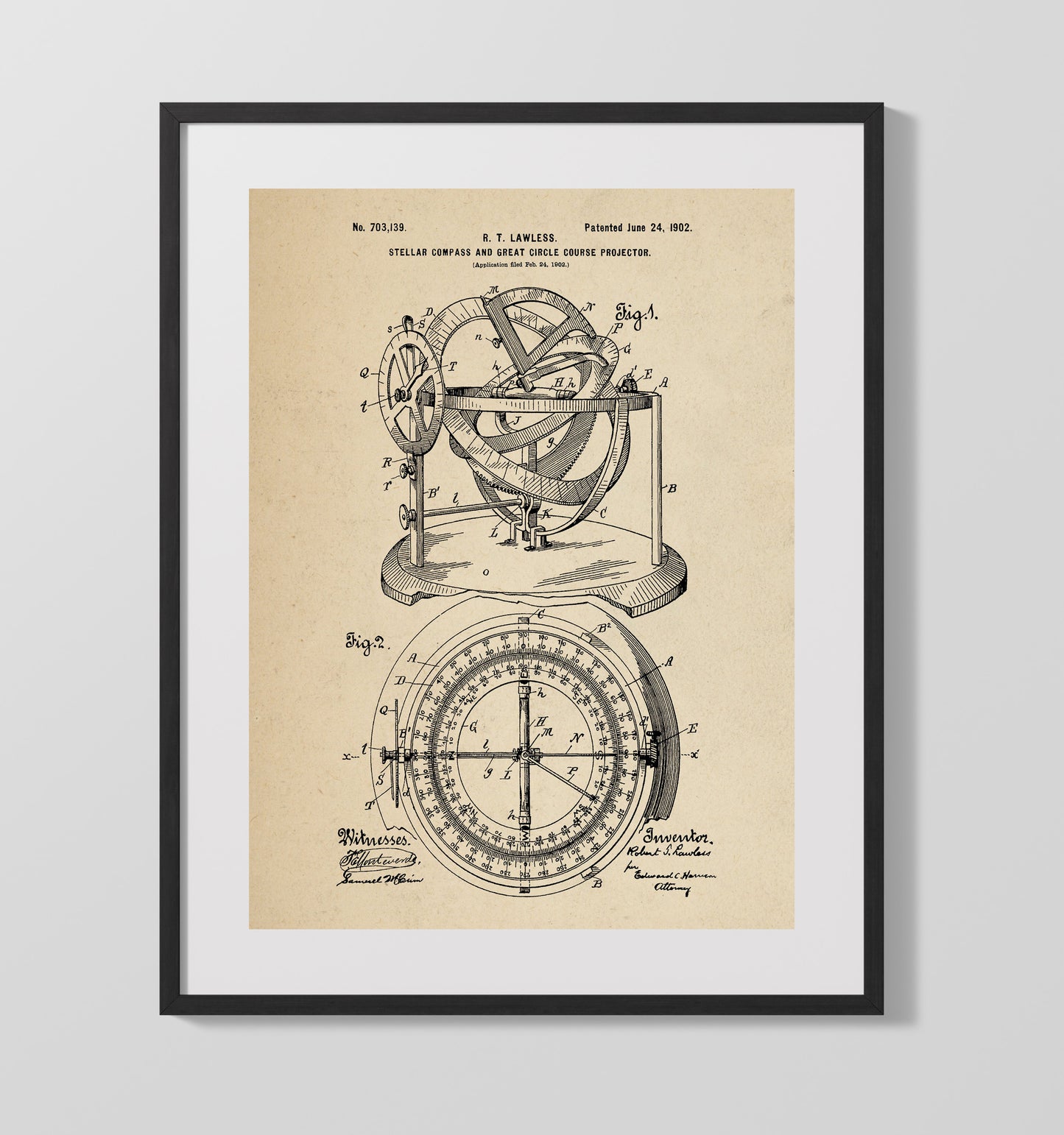 Patent Print - Stellar Compass And Great Circle Course Projector - Robert T. Lawless - 1902 - Patent 703139 Patent Wall Art