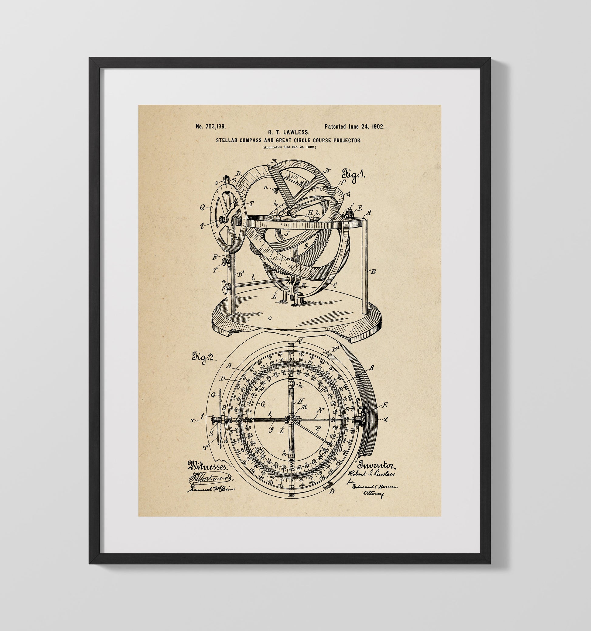 Patent Print - Stellar Compass And Great Circle Course Projector - Robert T. Lawless - 1902 - Patent 703139 Patent Wall Art
