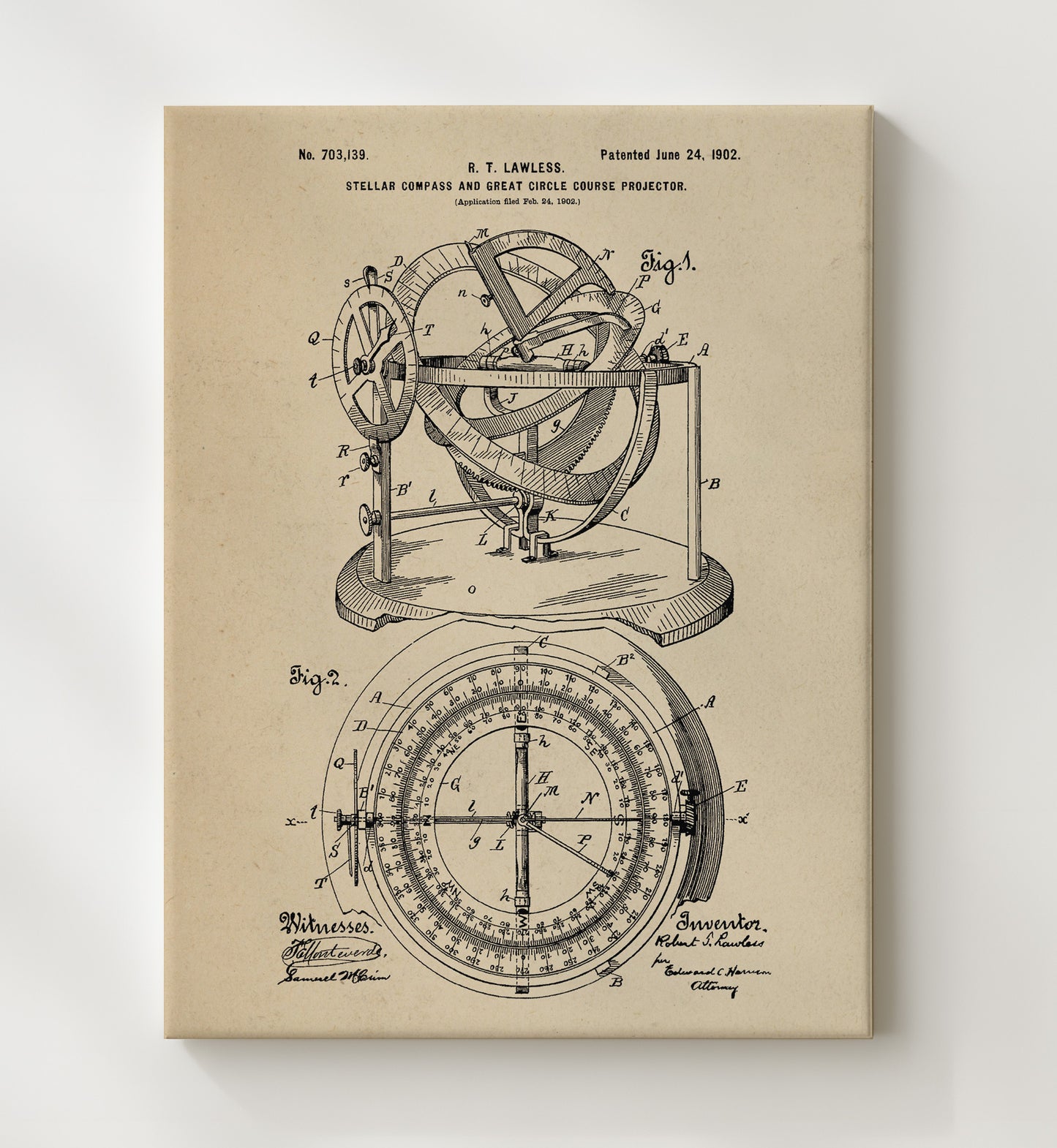 Patent Print - Stellar Compass And Great Circle Course Projector - Robert T. Lawless - 1902 - Patent 703139 Patent Wall Art