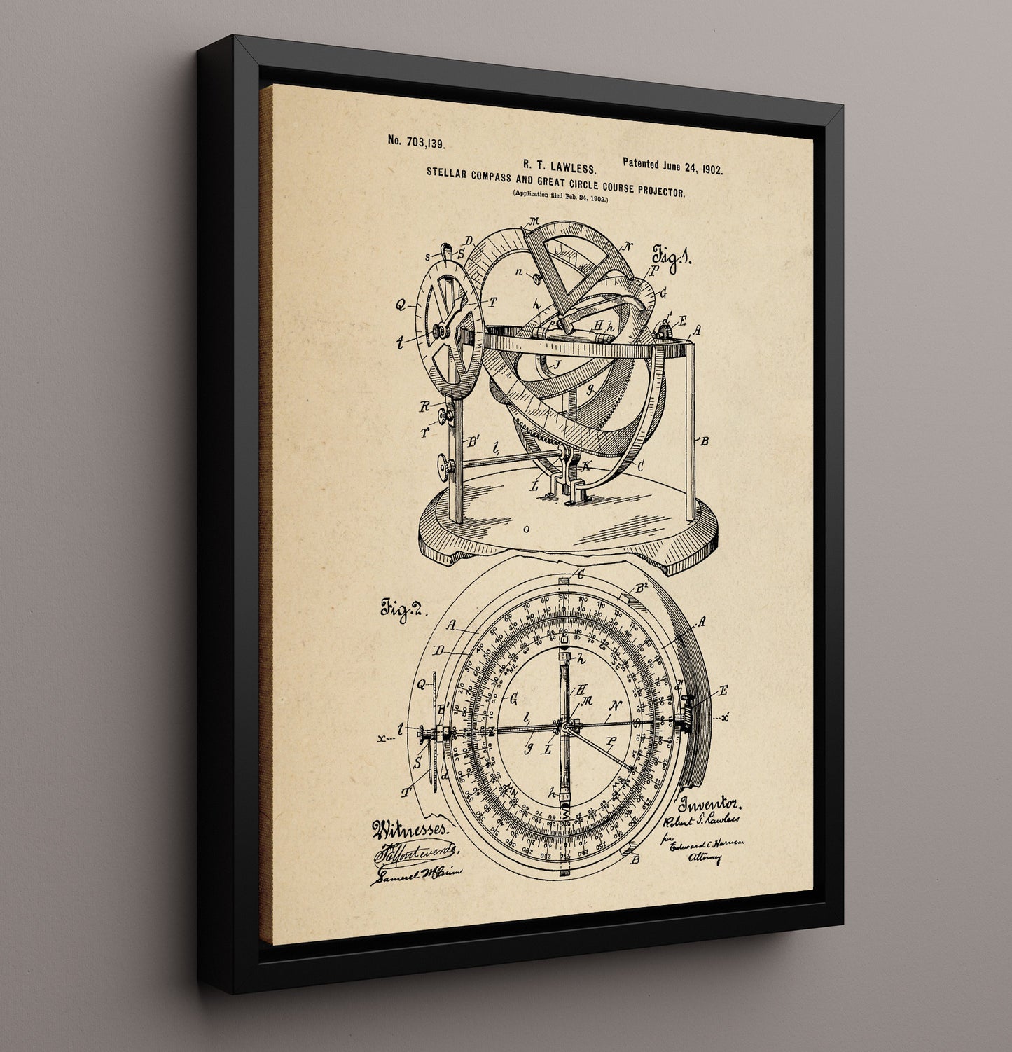 Patent Print - Stellar Compass And Great Circle Course Projector - Robert T. Lawless - 1902 - Patent 703139 Patent Wall Art