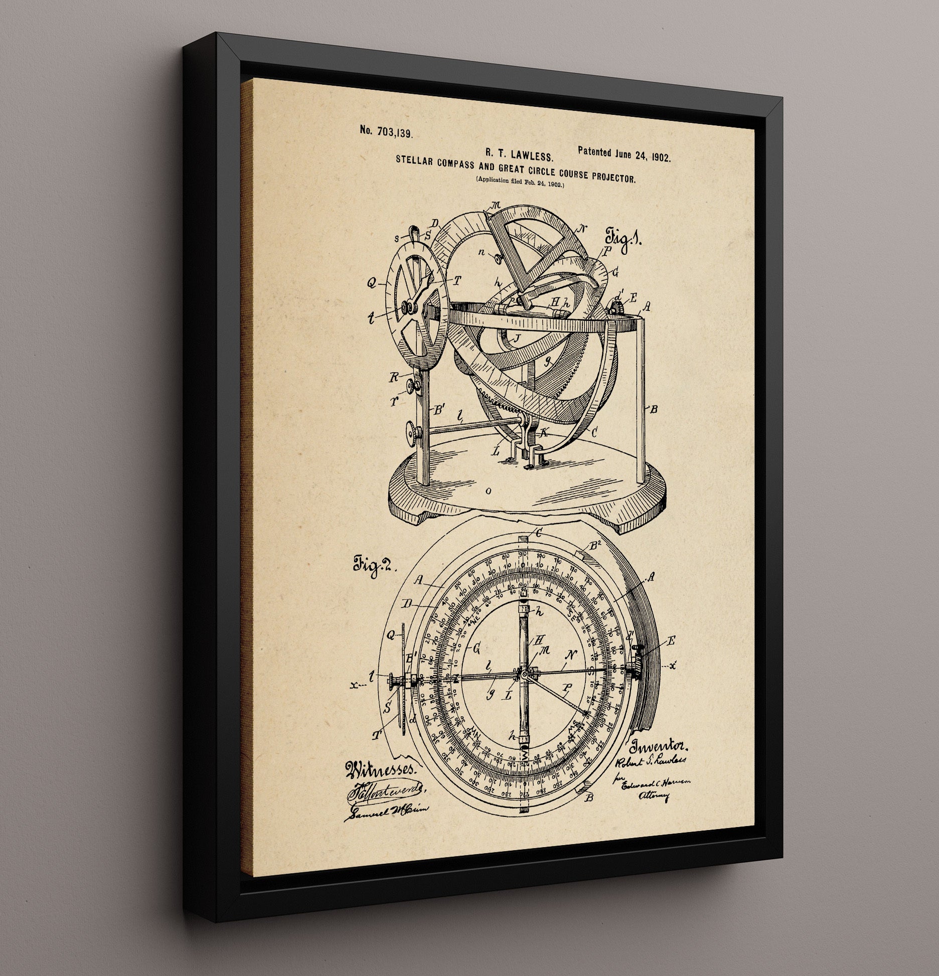 Patent Print - Stellar Compass And Great Circle Course Projector - Robert T. Lawless - 1902 - Patent 703139 Patent Wall Art