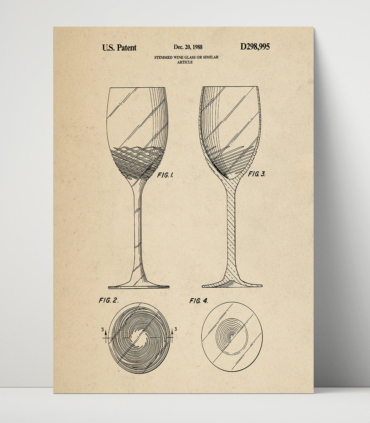 Patent Print - Stemmed Wine Glass Or Similar Article - Unknown Inventor - 1988 - Patent D298995 Patent Wall Art