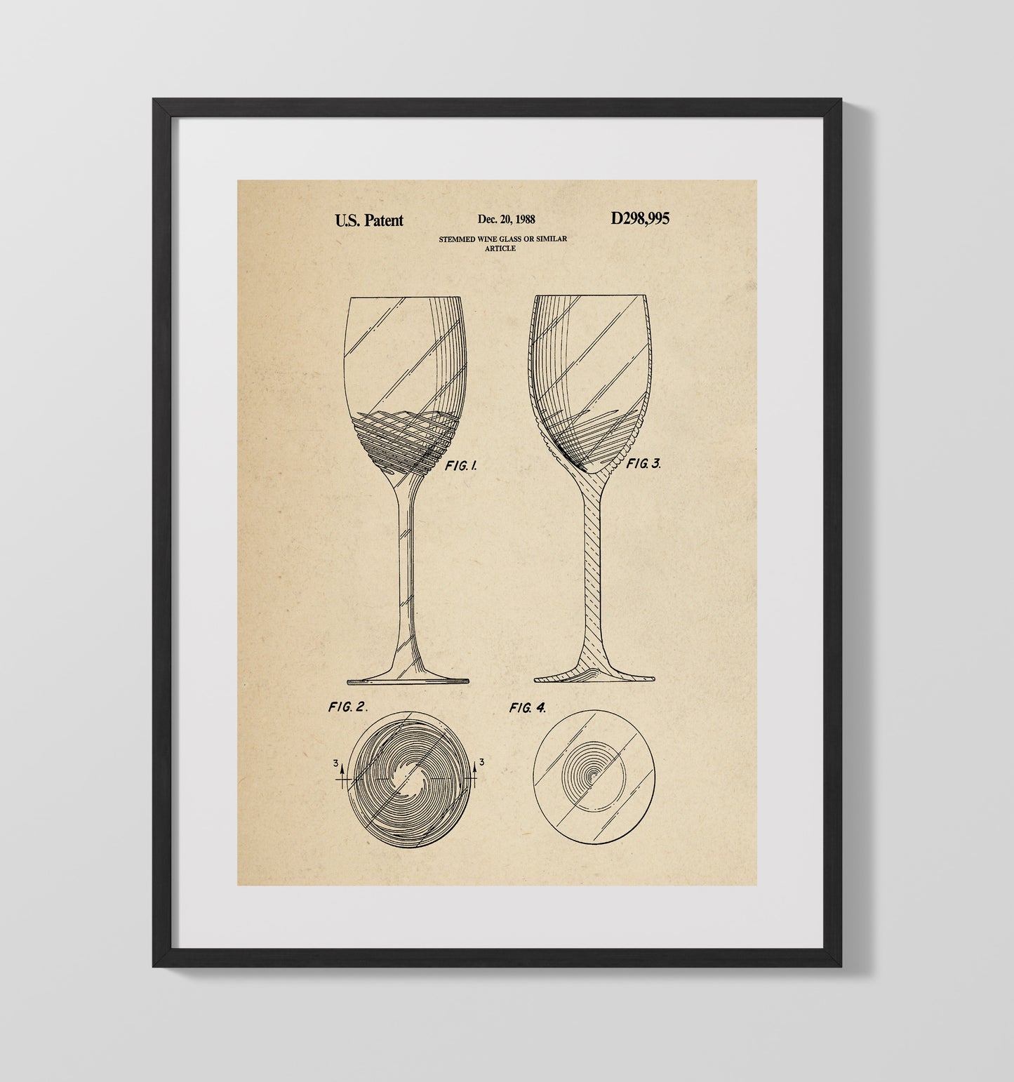Patent Print - Stemmed Wine Glass Or Similar Article - Unknown Inventor - 1988 - Patent D298995 Patent Wall Art