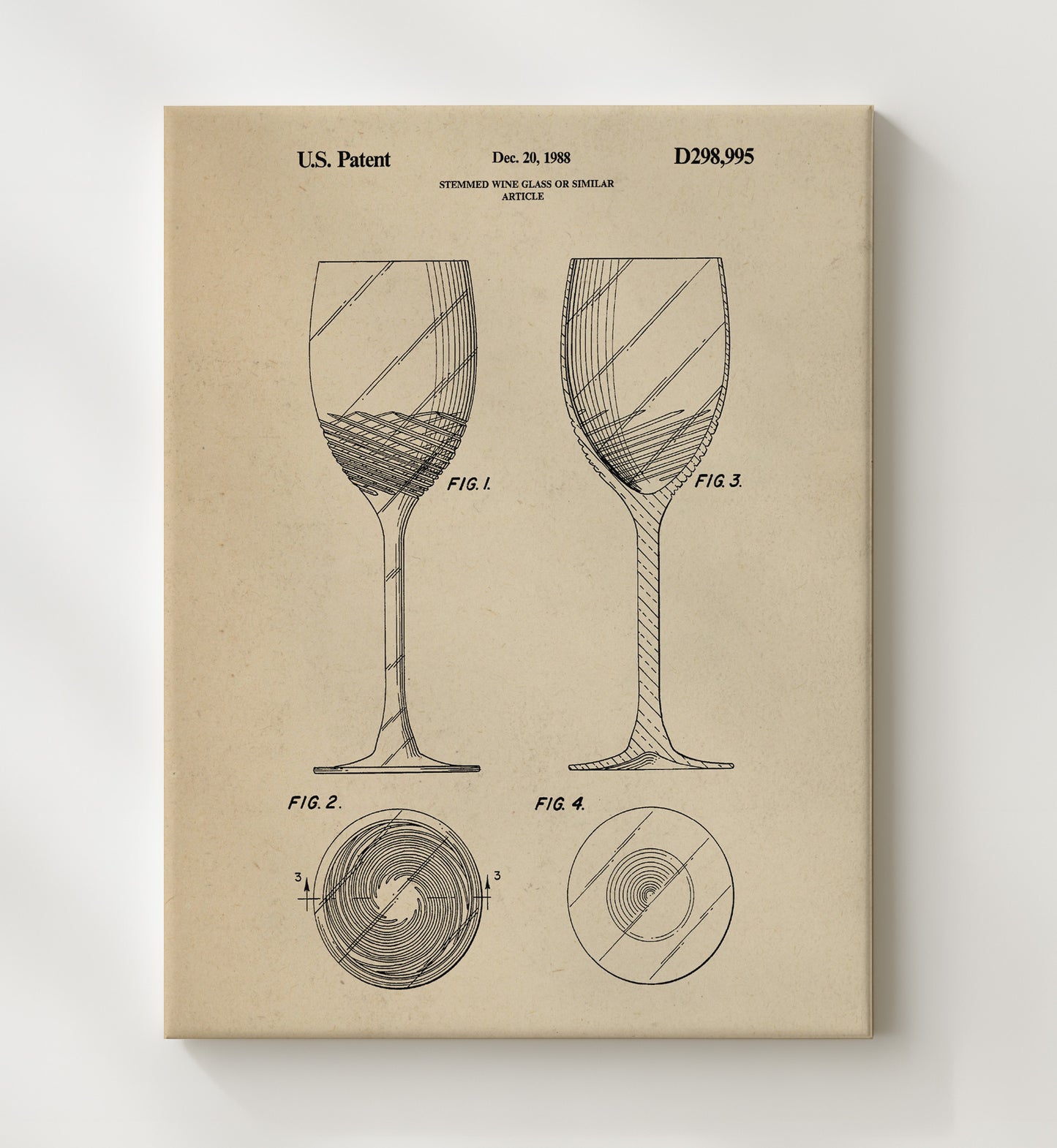 Patent Print - Stemmed Wine Glass Or Similar Article - Unknown Inventor - 1988 - Patent D298995 Patent Wall Art
