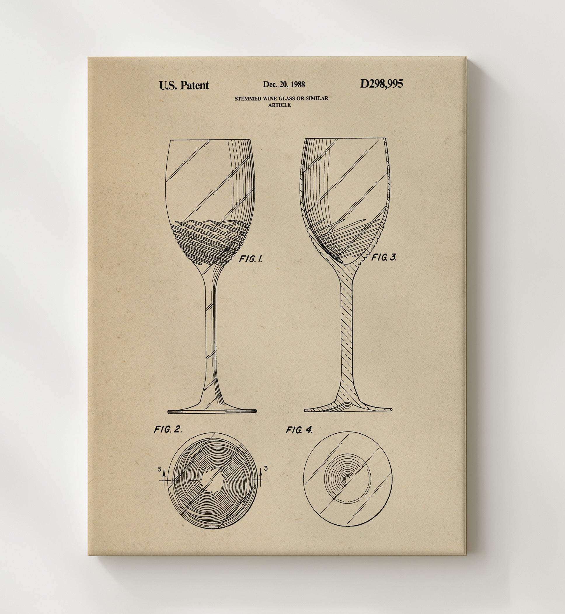 Patent Print - Stemmed Wine Glass Or Similar Article - Unknown Inventor - 1988 - Patent D298995 Patent Wall Art
