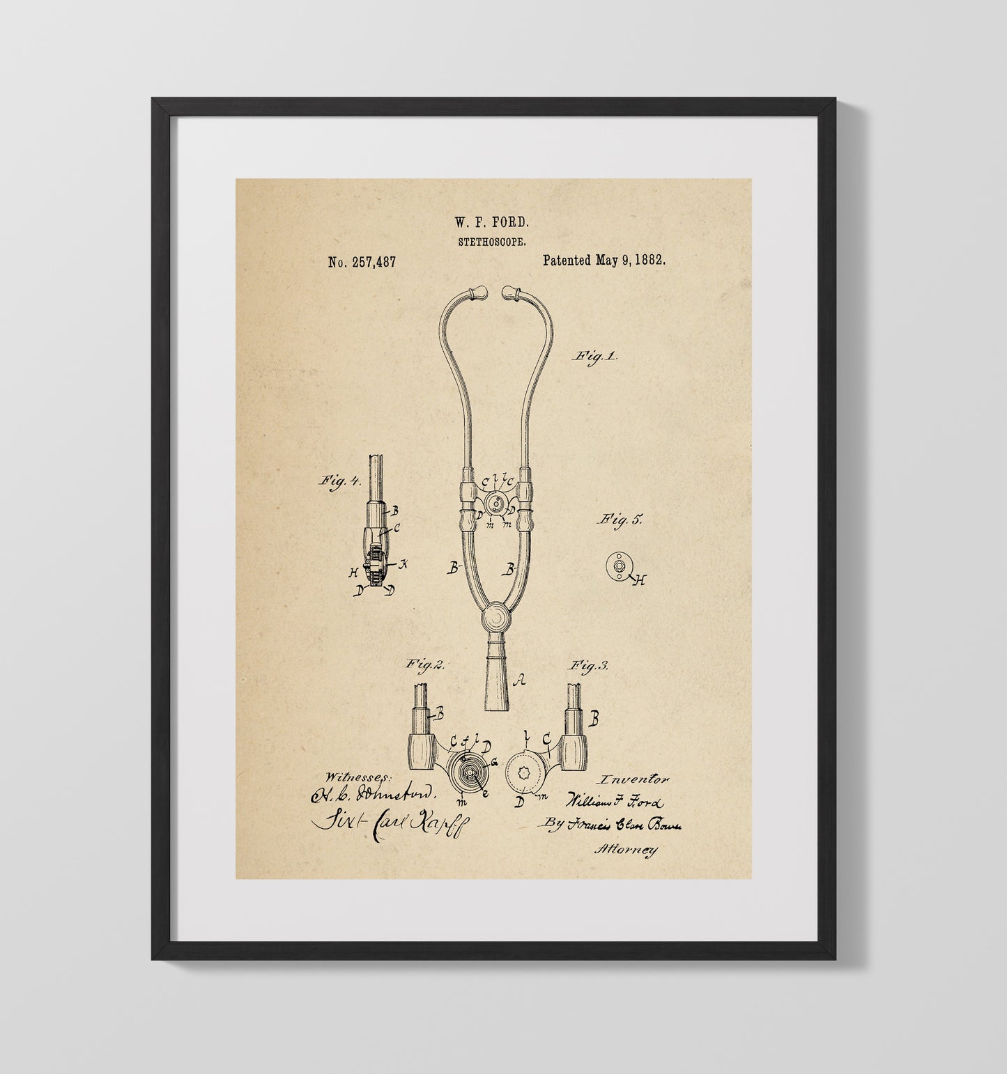 Patent Print - Stethoscope - W. F. Ford - 1882 - Patent 257487 Patent Wall Art