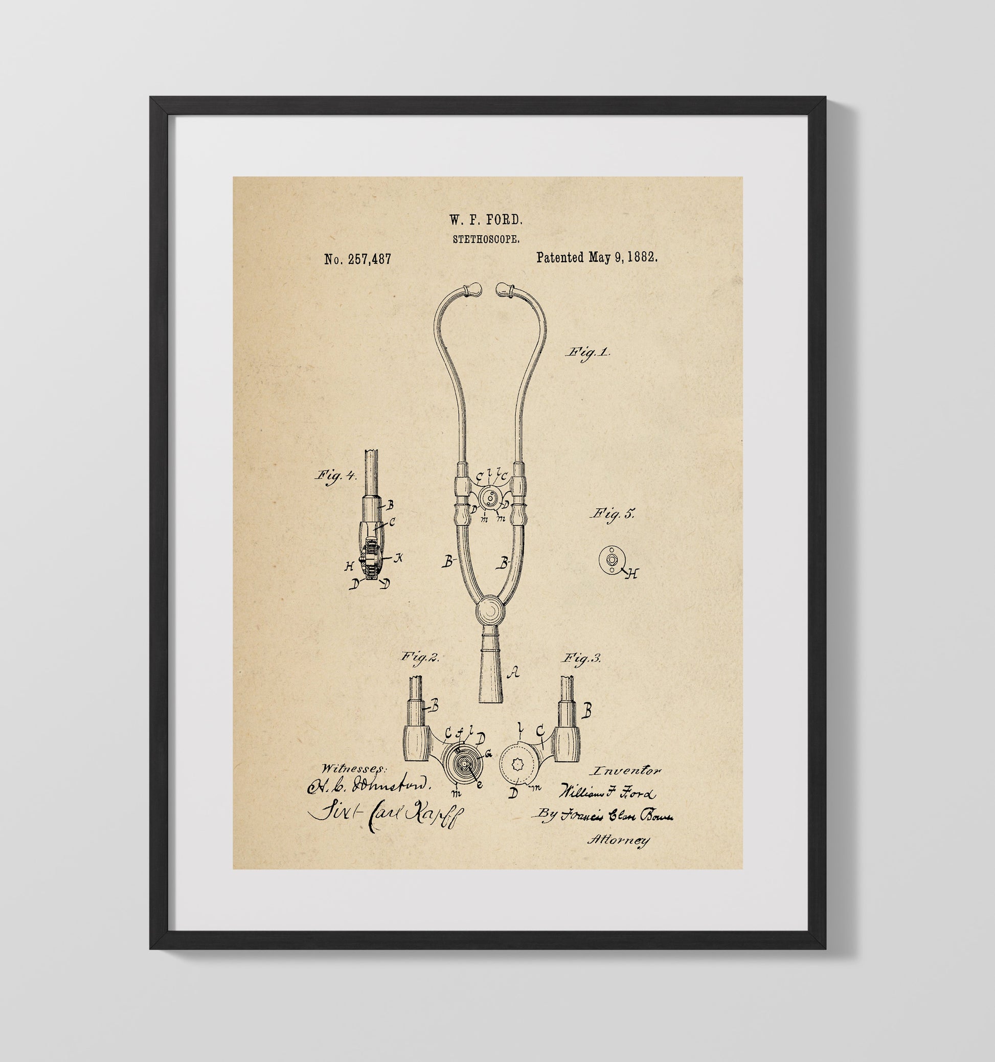 Patent Print - Stethoscope - W. F. Ford - 1882 - Patent 257487 Patent Wall Art