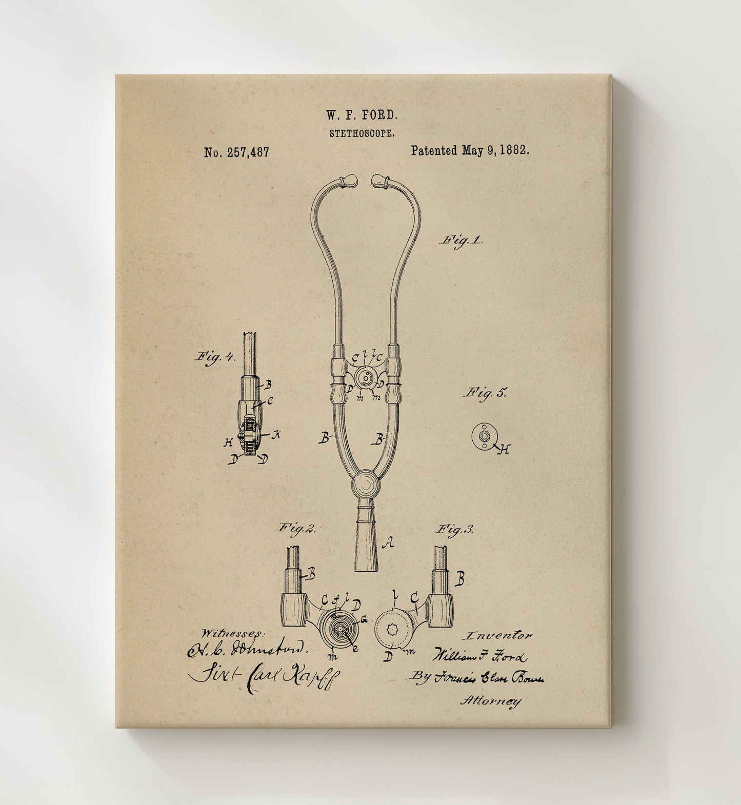 Patent Print - Stethoscope - W. F. Ford - 1882 - Patent 257487 Patent Wall Art