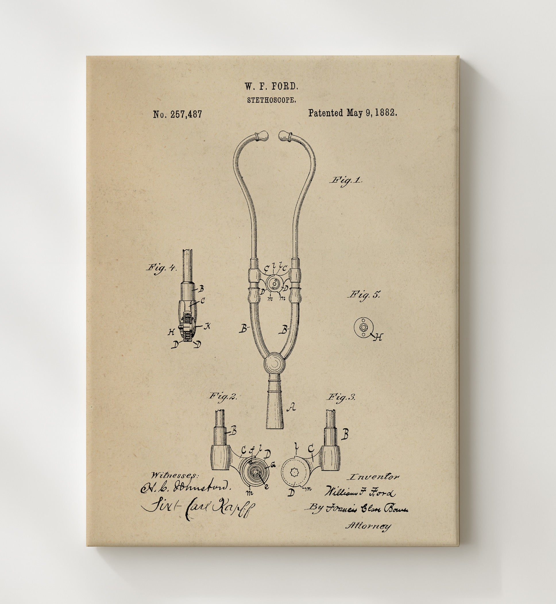 Patent Print - Stethoscope - W. F. Ford - 1882 - Patent 257487 Patent Wall Art