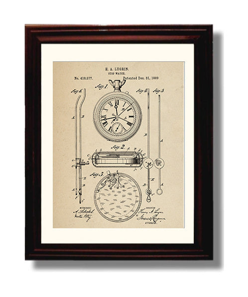 Patent Print - Stop Watch - Henry A Lugrin - 1889 - Patent 418577 Patent Wall Art