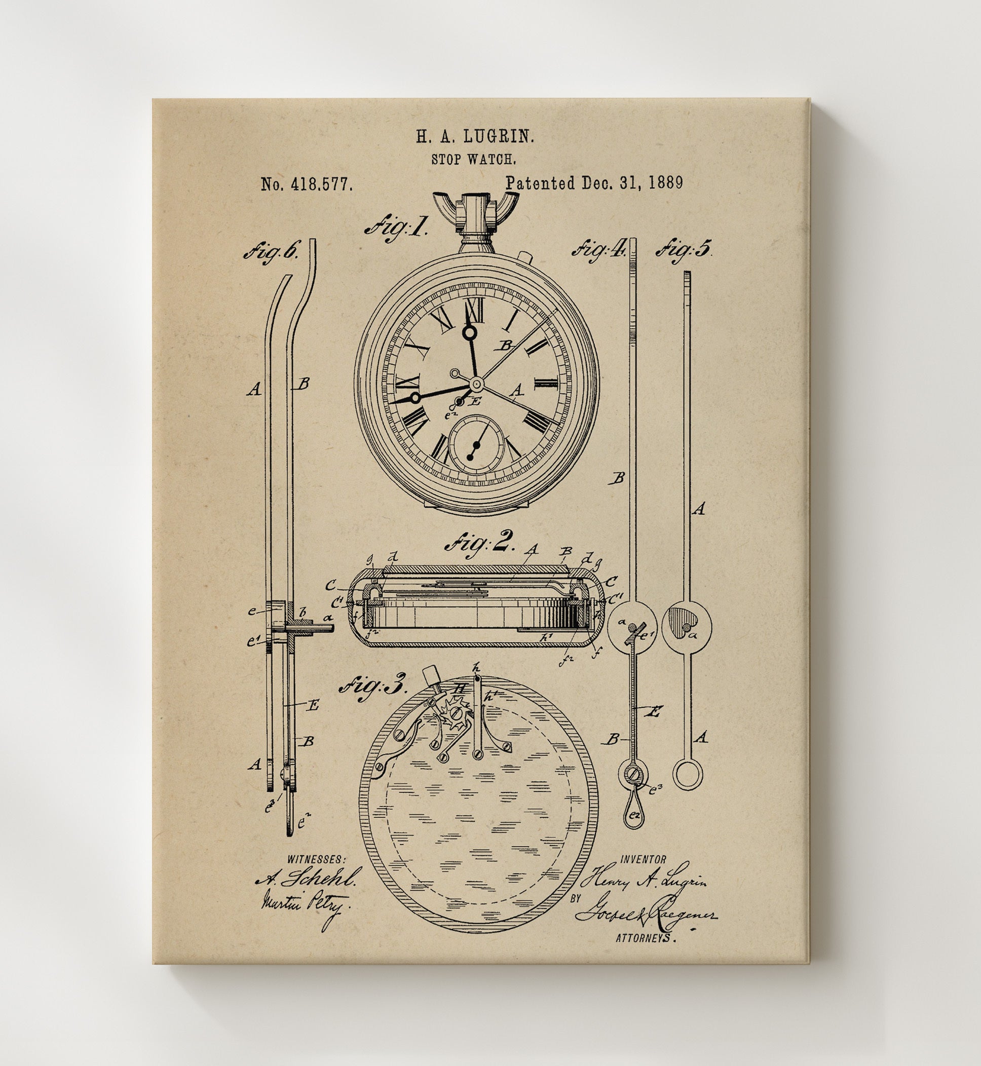 Patent Print - Stop Watch - Henry A Lugrin - 1889 - Patent 418577 Patent Wall Art