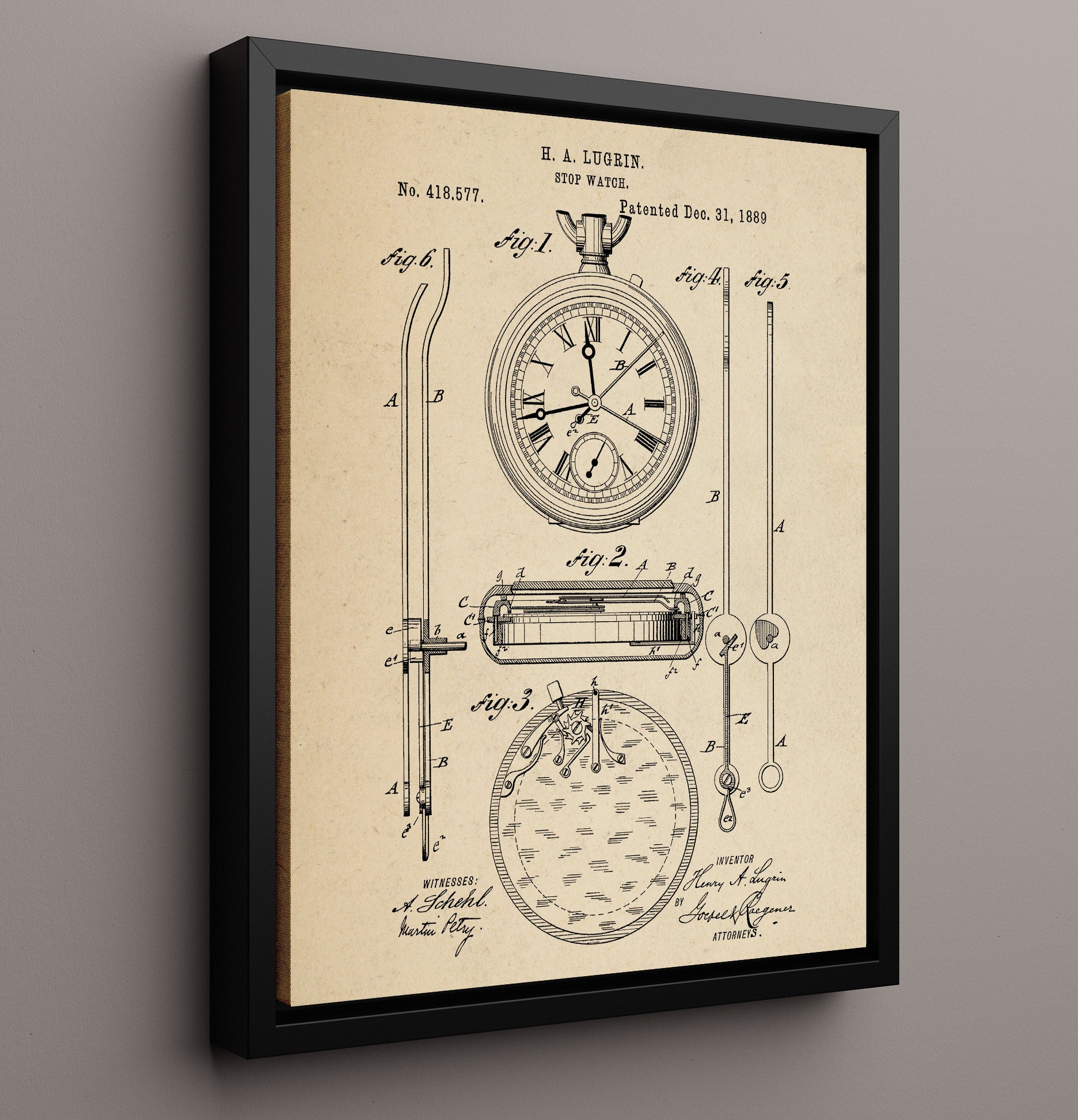 Patent Print - Stop Watch - Henry A Lugrin - 1889 - Patent 418577 Patent Wall Art