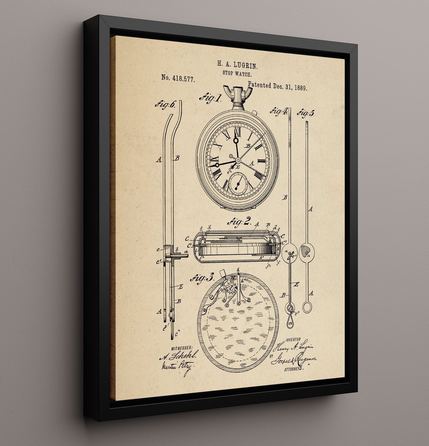 Patent Print - Stopwatch - H A Lugrin - 1889 - Patent 418577 Patent Wall Art