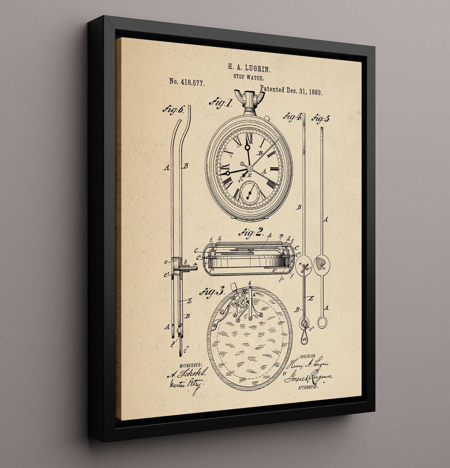 Patent Print - Stopwatch - H A Lugrin - 1889 - Patent 418577 Patent Wall Art