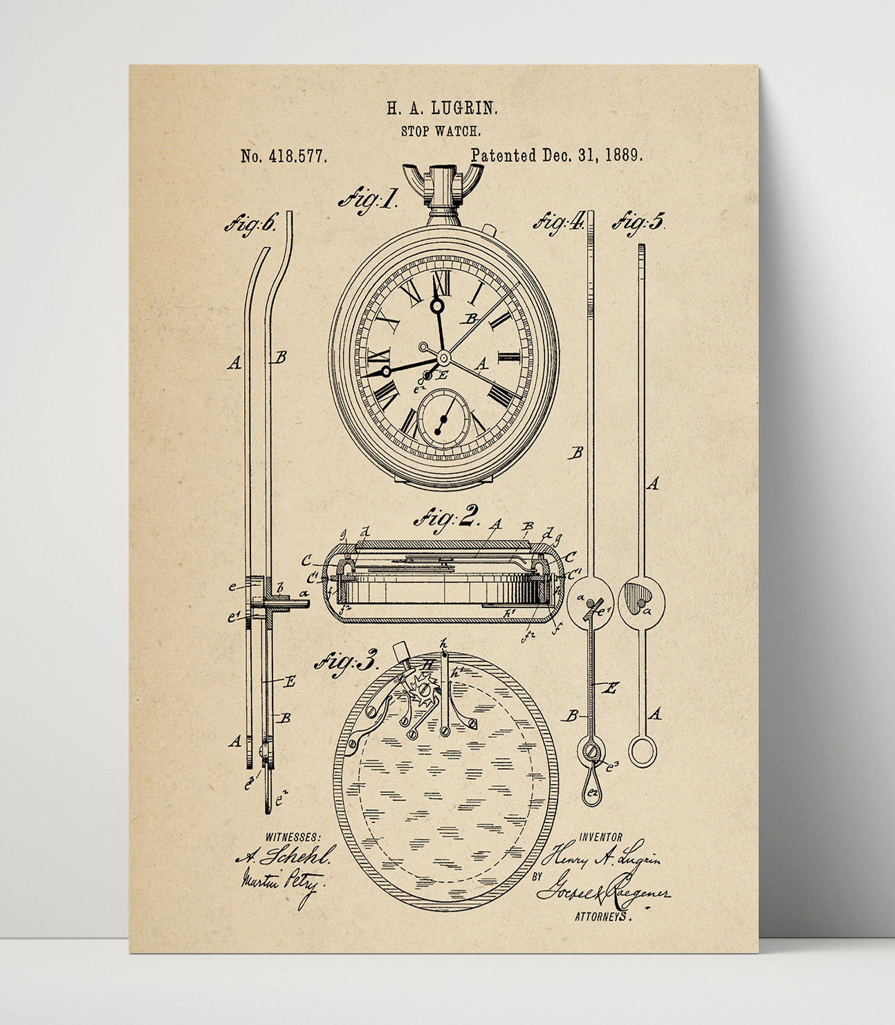 Patent Print - Stopwatch - H A Lugrin - 1889 - Patent 418577 Patent Wall Art