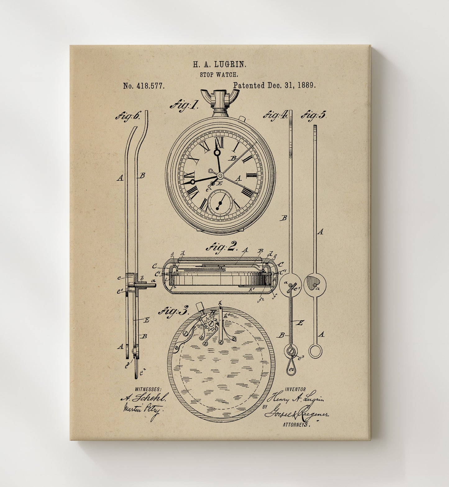 Patent Print - Stopwatch - H A Lugrin - 1889 - Patent 418577 Patent Wall Art