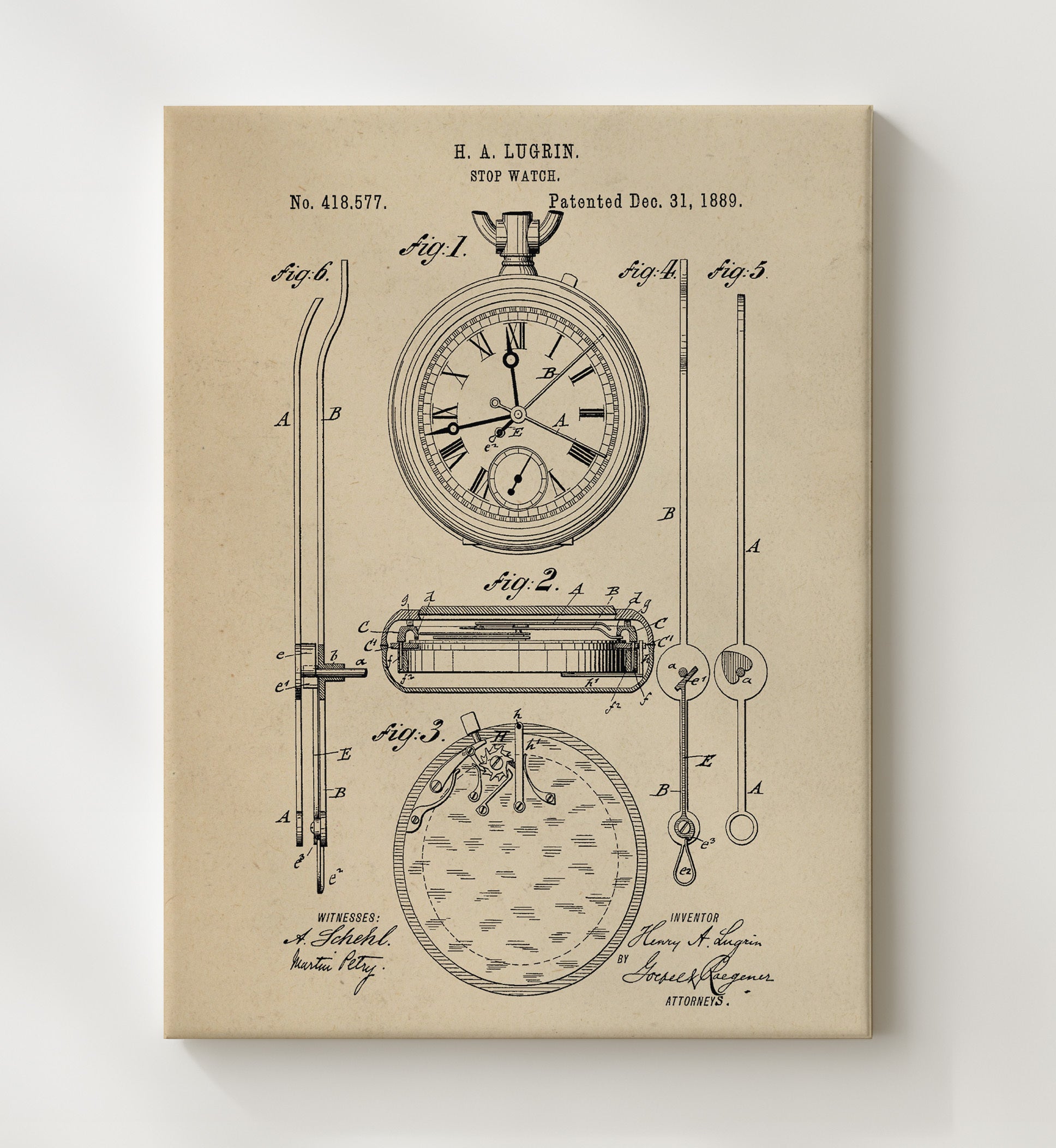Patent Print - Stopwatch - H A Lugrin - 1889 - Patent 418577 Patent Wall Art