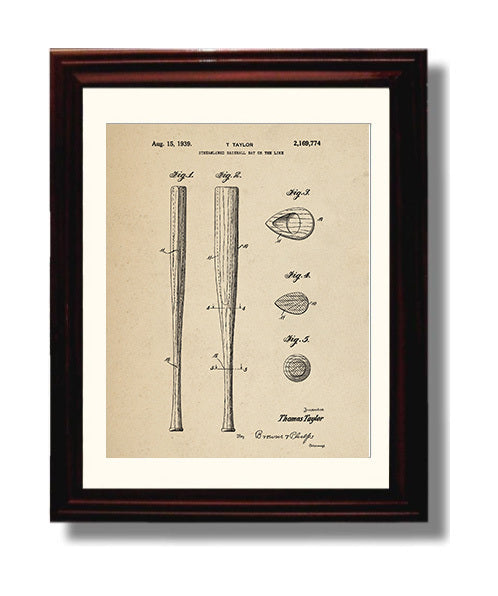 Patent Print - Streamlined Baseball Bat - T Taylor - 1939 - Patent 2169774 Patent Wall Art