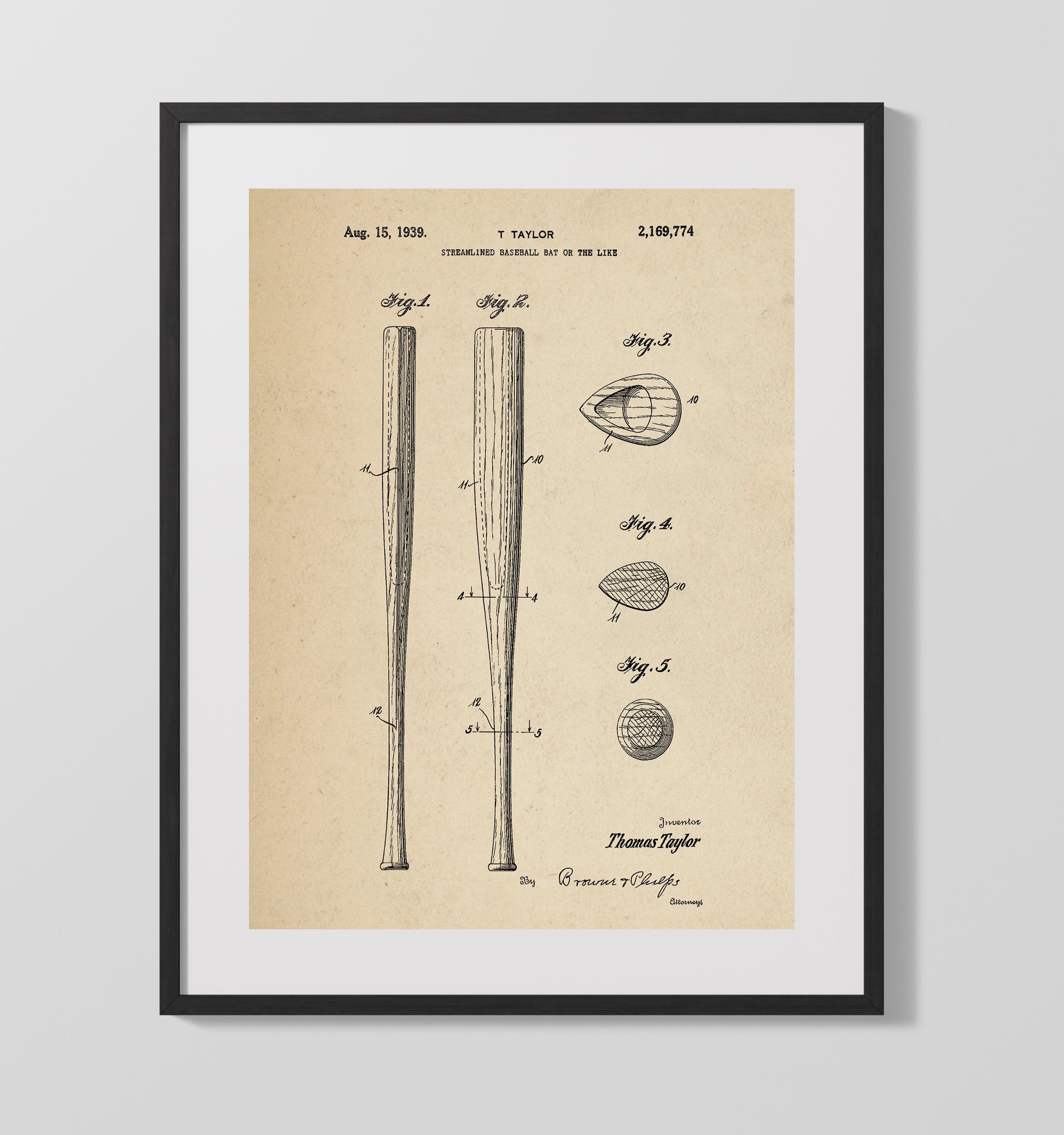 Patent Print - Streamlined Baseball Bat - T Taylor - 1939 - Patent 2169774 Patent Wall Art