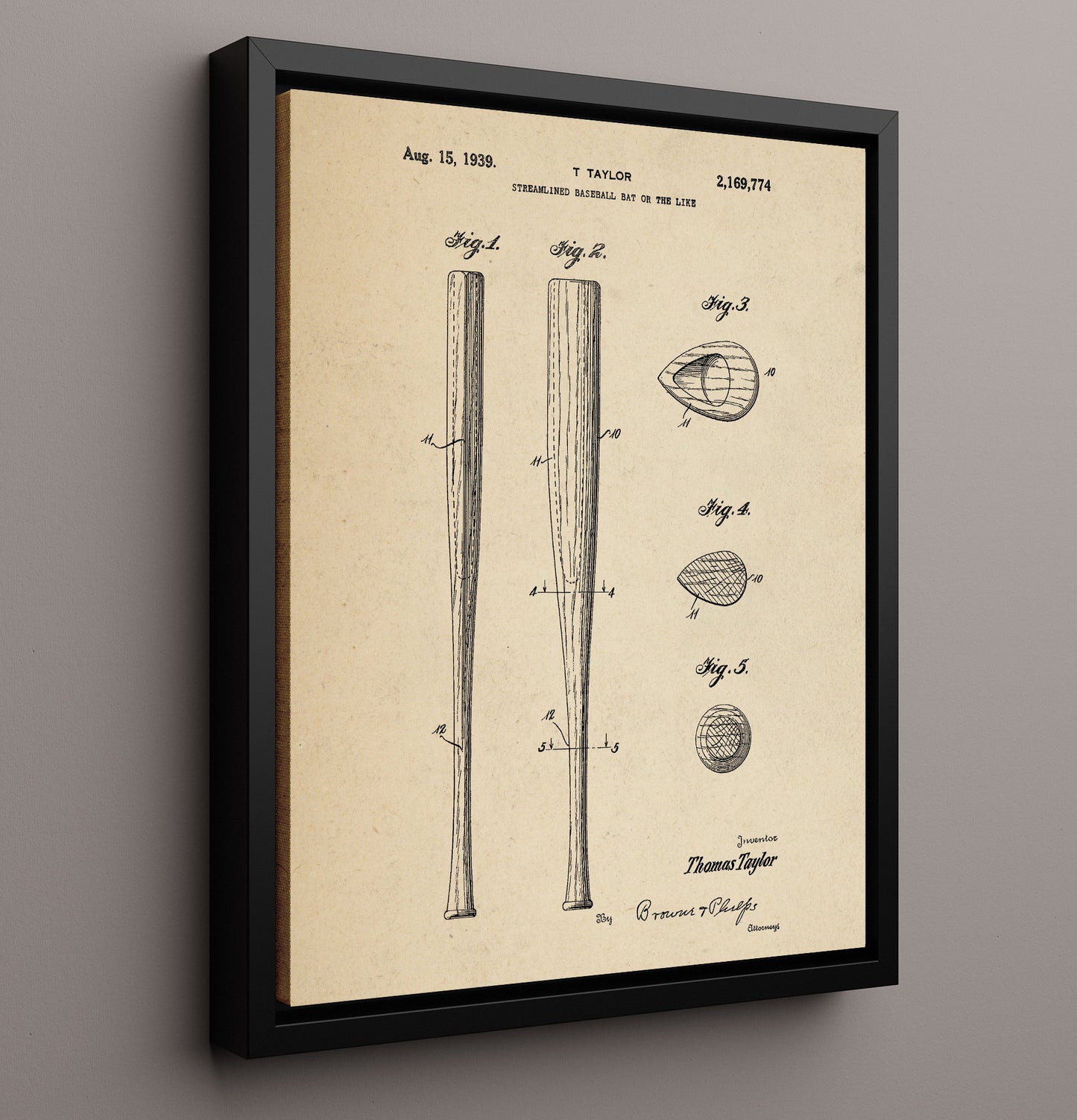 Patent Print - Streamlined Baseball Bat - T Taylor - 1939 - Patent 2169774 Patent Wall Art