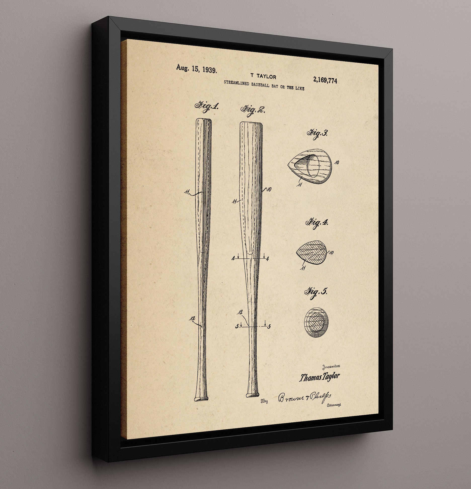 Patent Print - Streamlined Baseball Bat - T Taylor - 1939 - Patent 2169774 Patent Wall Art