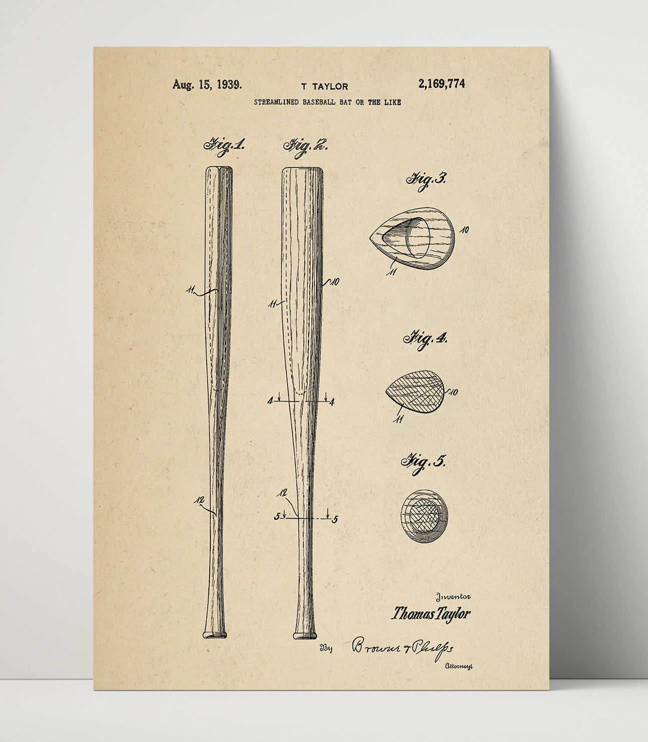 Patent Print - Streamlined Baseball Bat - T Taylor - 1939 - Patent 2169774 Patent Wall Art