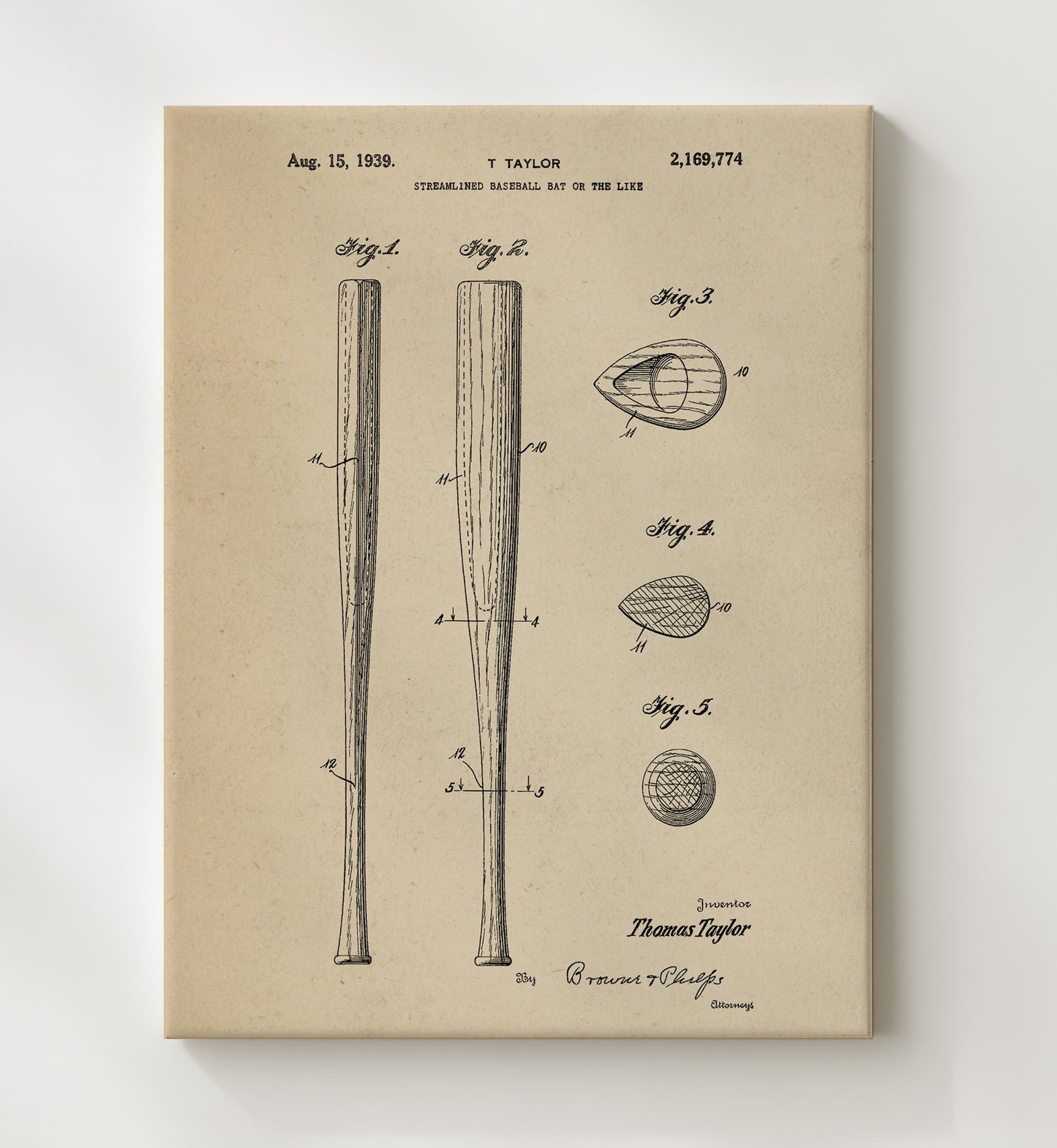 Patent Print - Streamlined Baseball Bat - T Taylor - 1939 - Patent 2169774 Patent Wall Art