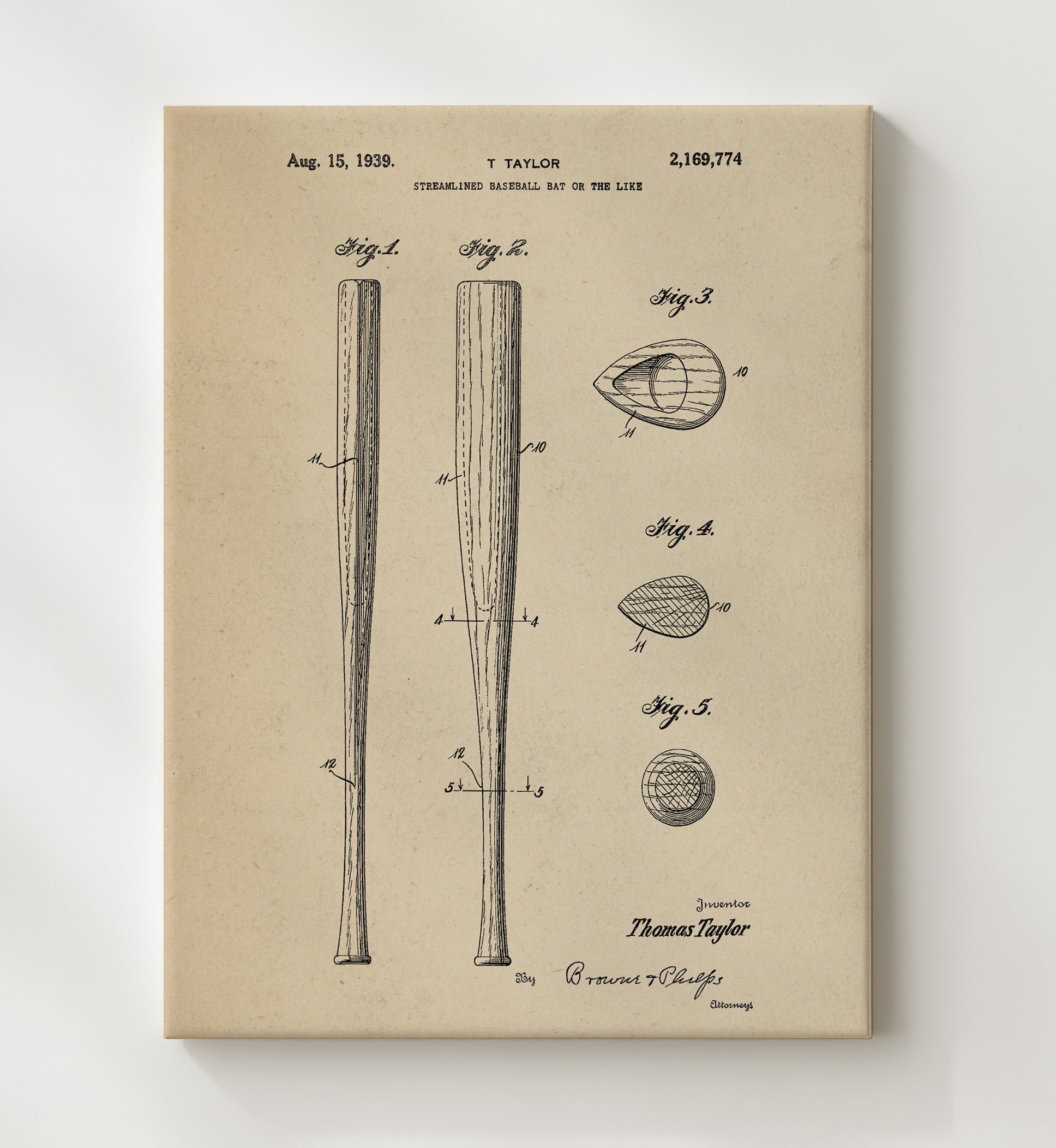 Patent Print - Streamlined Baseball Bat - T Taylor - 1939 - Patent 2169774 Patent Wall Art
