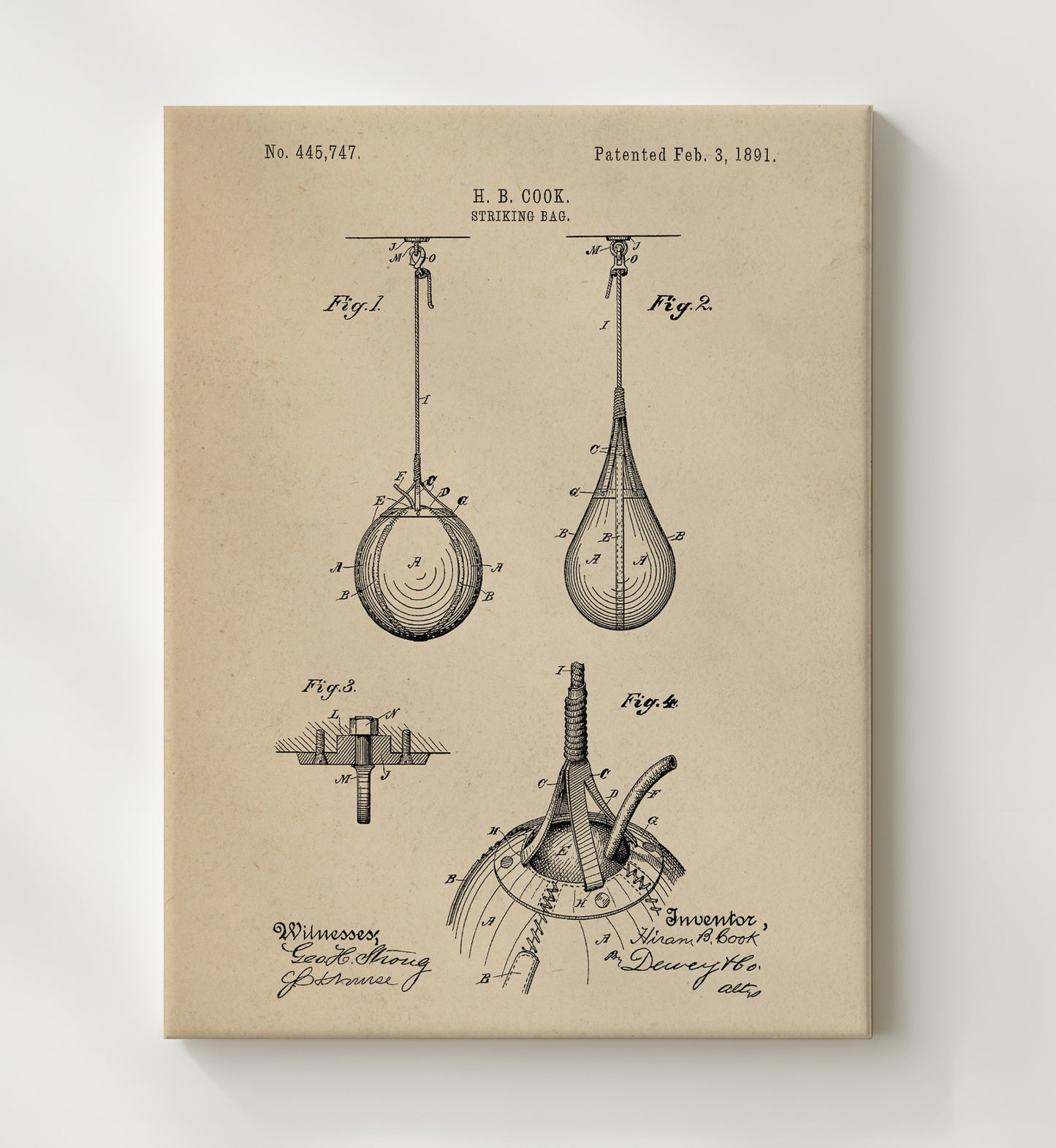 Patent Print - Striking Bag - H B Cook - 1891 - Patent 445747 Patent Wall Art