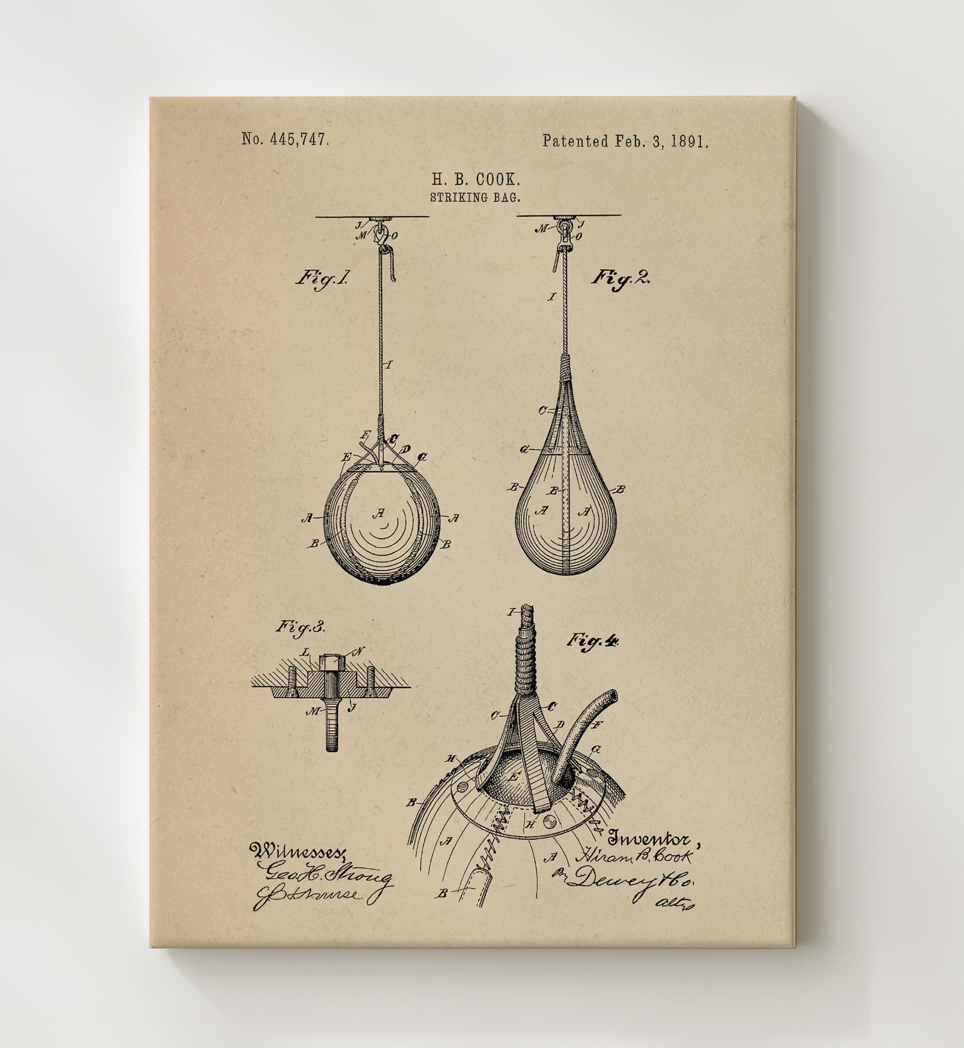 Patent Print - Striking Bag - H B Cook - 1891 - Patent 445747 Patent Wall Art