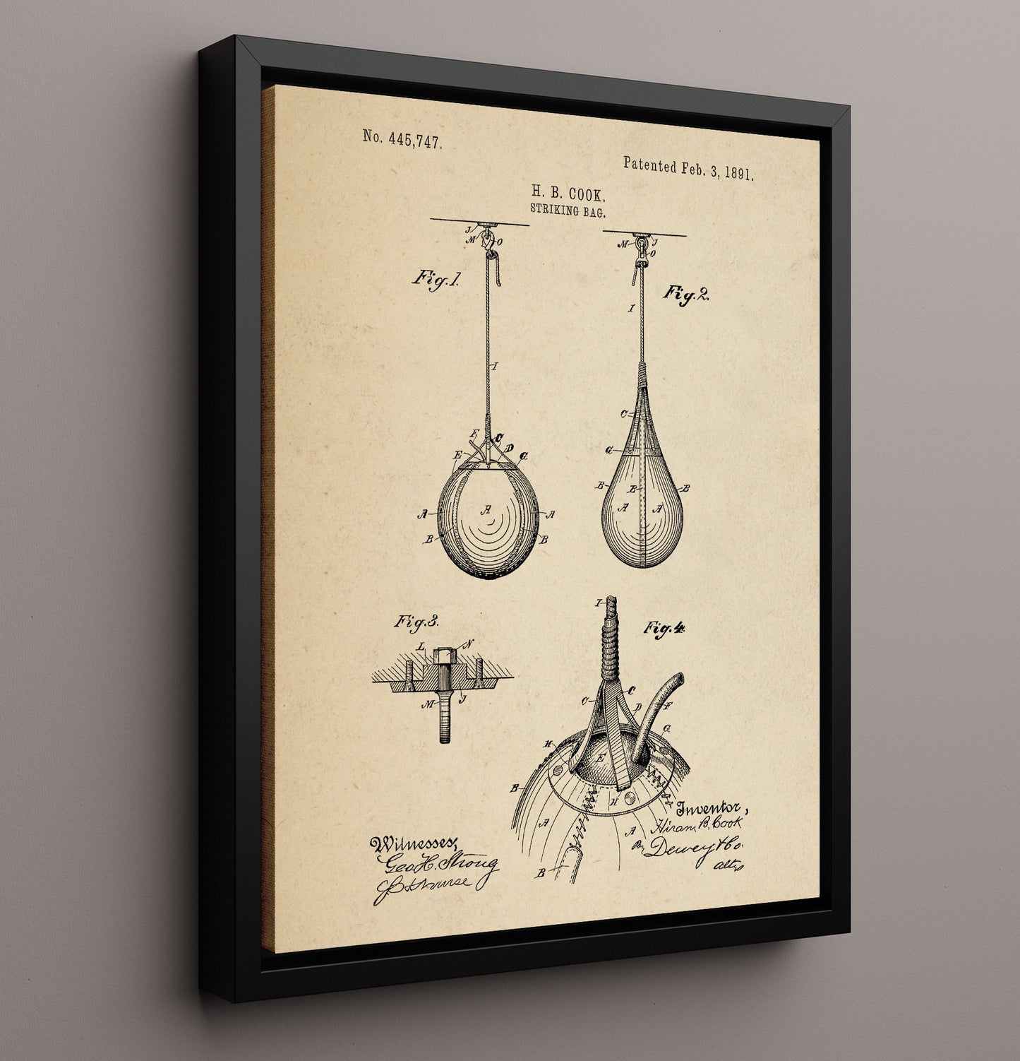 Patent Print - Striking Bag - H B Cook - 1891 - Patent 445747 Patent Wall Art