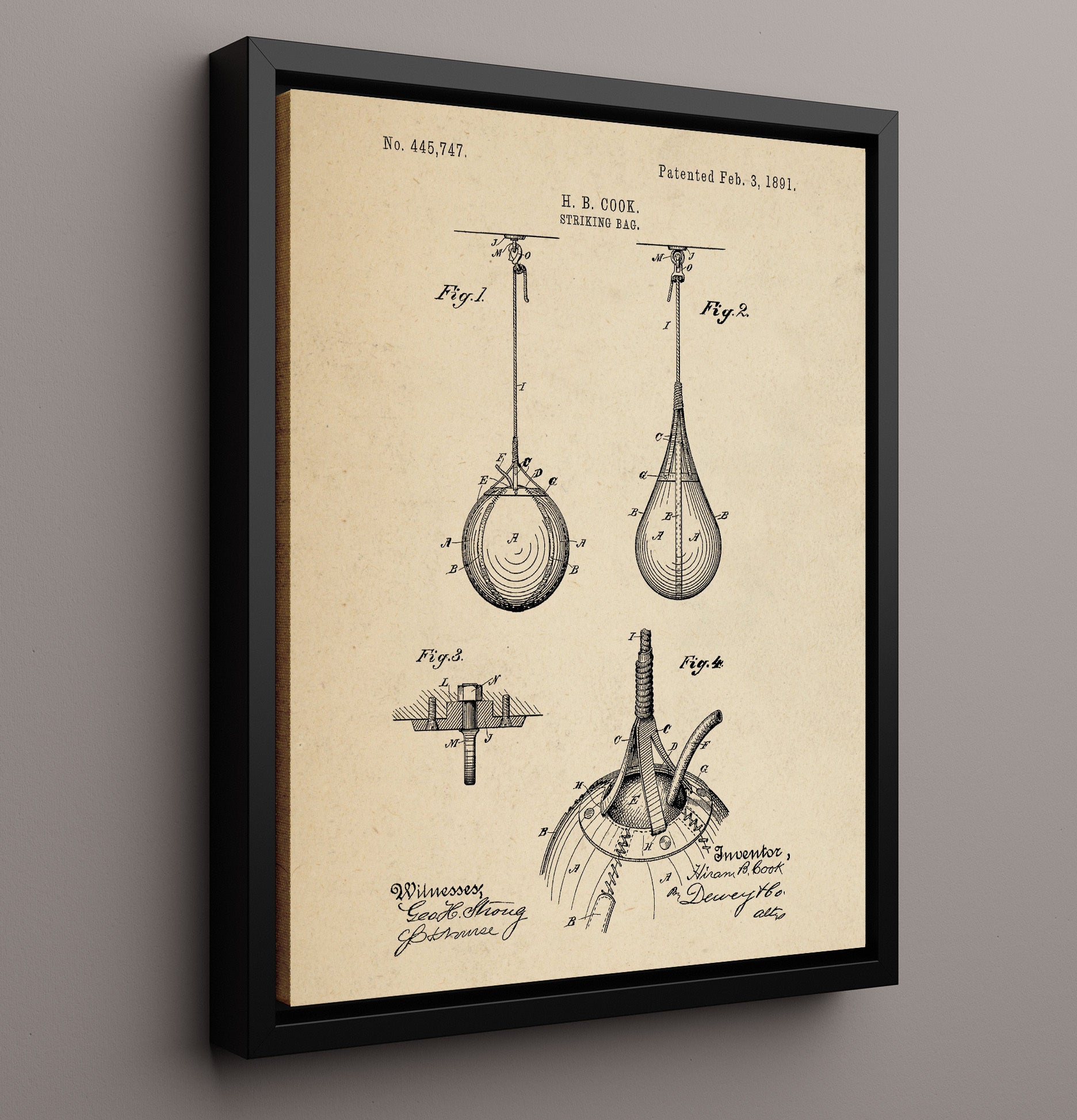 Patent Print - Striking Bag - H B Cook - 1891 - Patent 445747 Patent Wall Art