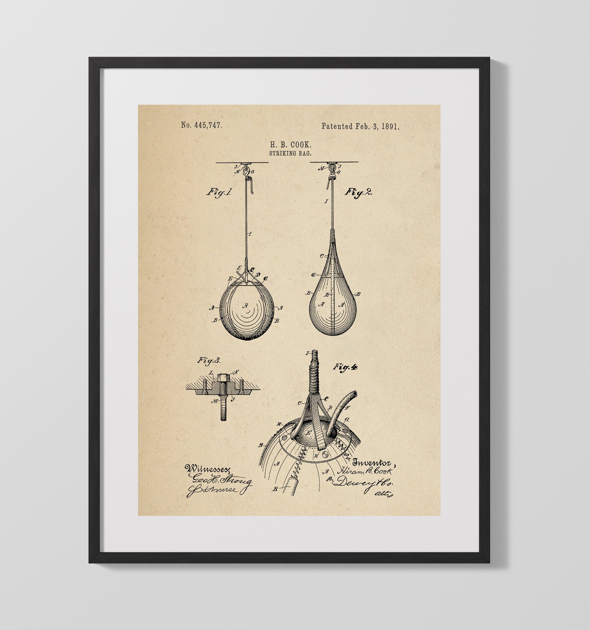 Patent Print - Striking Bag - H B Cook - 1891 - Patent 445747 Patent Wall Art