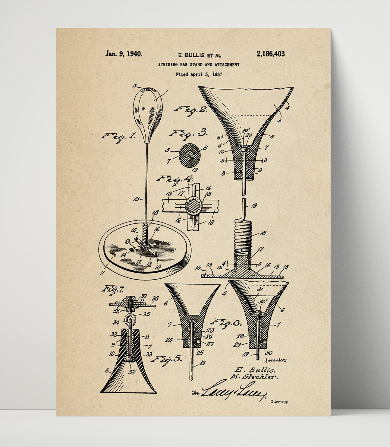 Patent Print - Striking Bag Stand - E Bullis Et Al - 1940 - Patent 2186403 Patent Wall Art