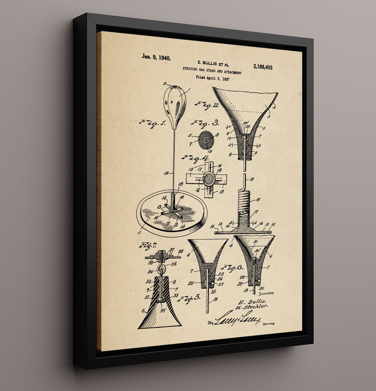 Patent Print - Striking Bag Stand - E Bullis Et Al - 1940 - Patent 2186403 Patent Wall Art