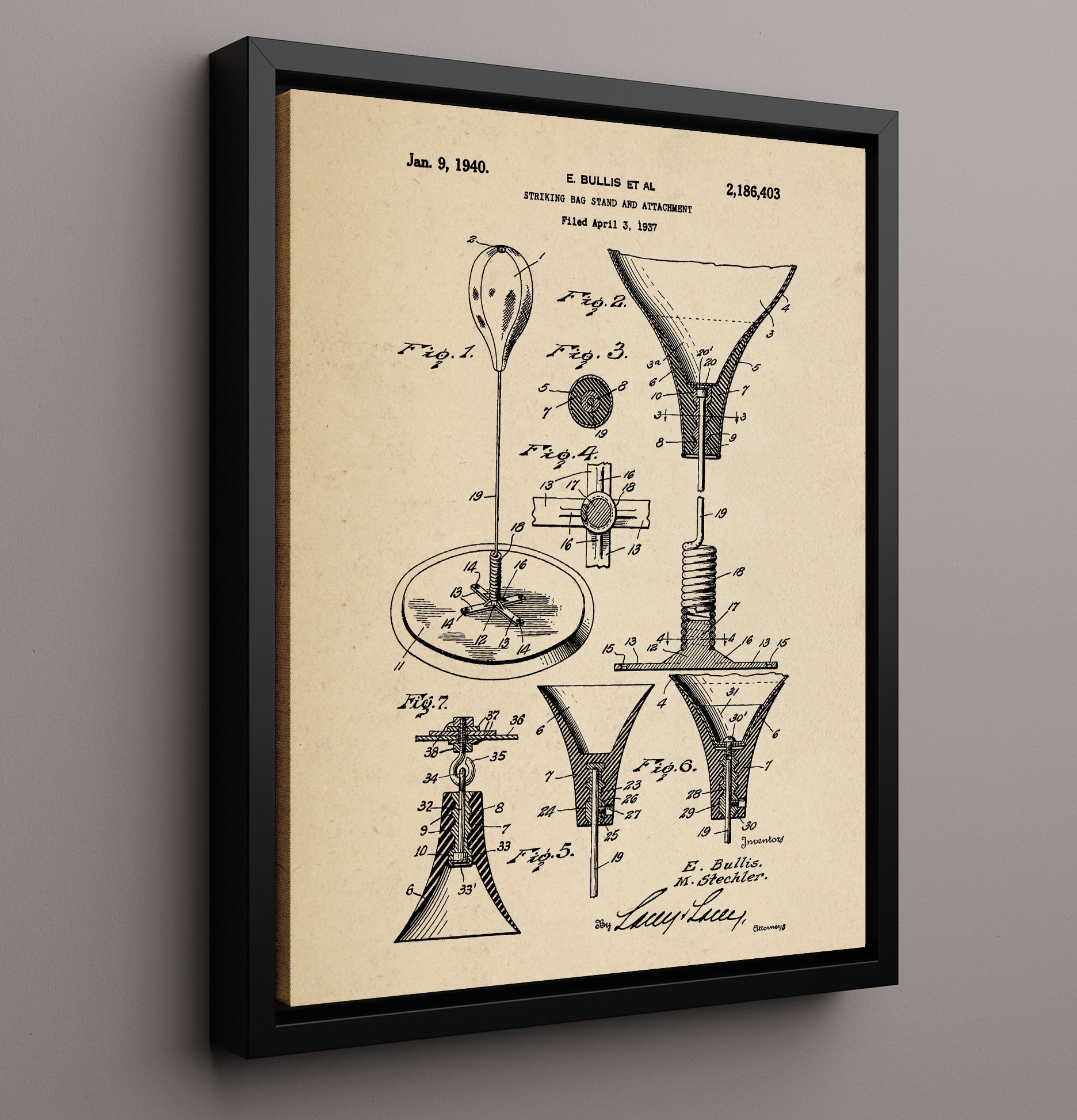 Patent Print - Striking Bag Stand - E Bullis Et Al - 1940 - Patent 2186403 Patent Wall Art