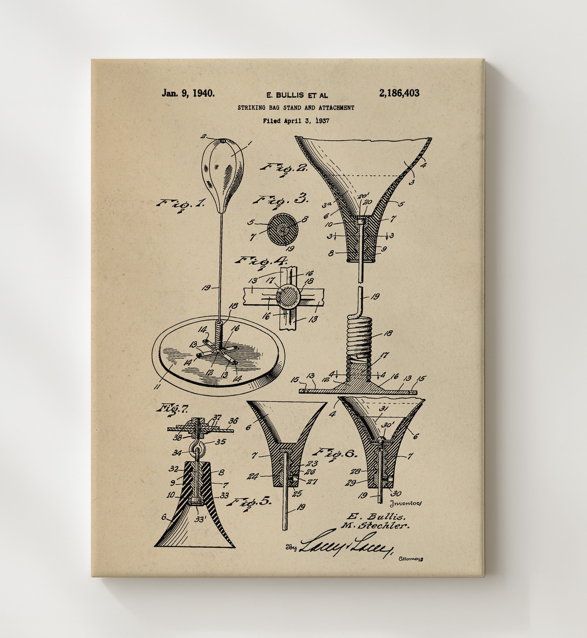 Patent Print - Striking Bag Stand - E Bullis Et Al - 1940 - Patent 2186403 Patent Wall Art